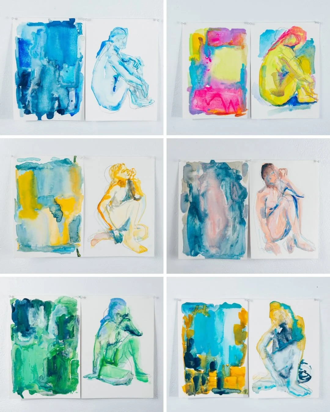 This series investigates how colour behaves when shifting between abstraction and the human form.
Each diptych shares the same palette, inviting the eye to move between gesture and body, chaos and structure.

Swipe &rarr; to see how each palette shif