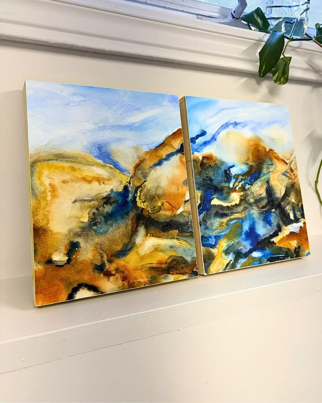 Exploring a Nova Scotia coastal palette &mdash;
textures of the sea, the sky, and the salty air.

Loose landscape studies with touches of gold watercolour, like small treasures found on a beach walk or caught in the rocks and shells, reflecting light