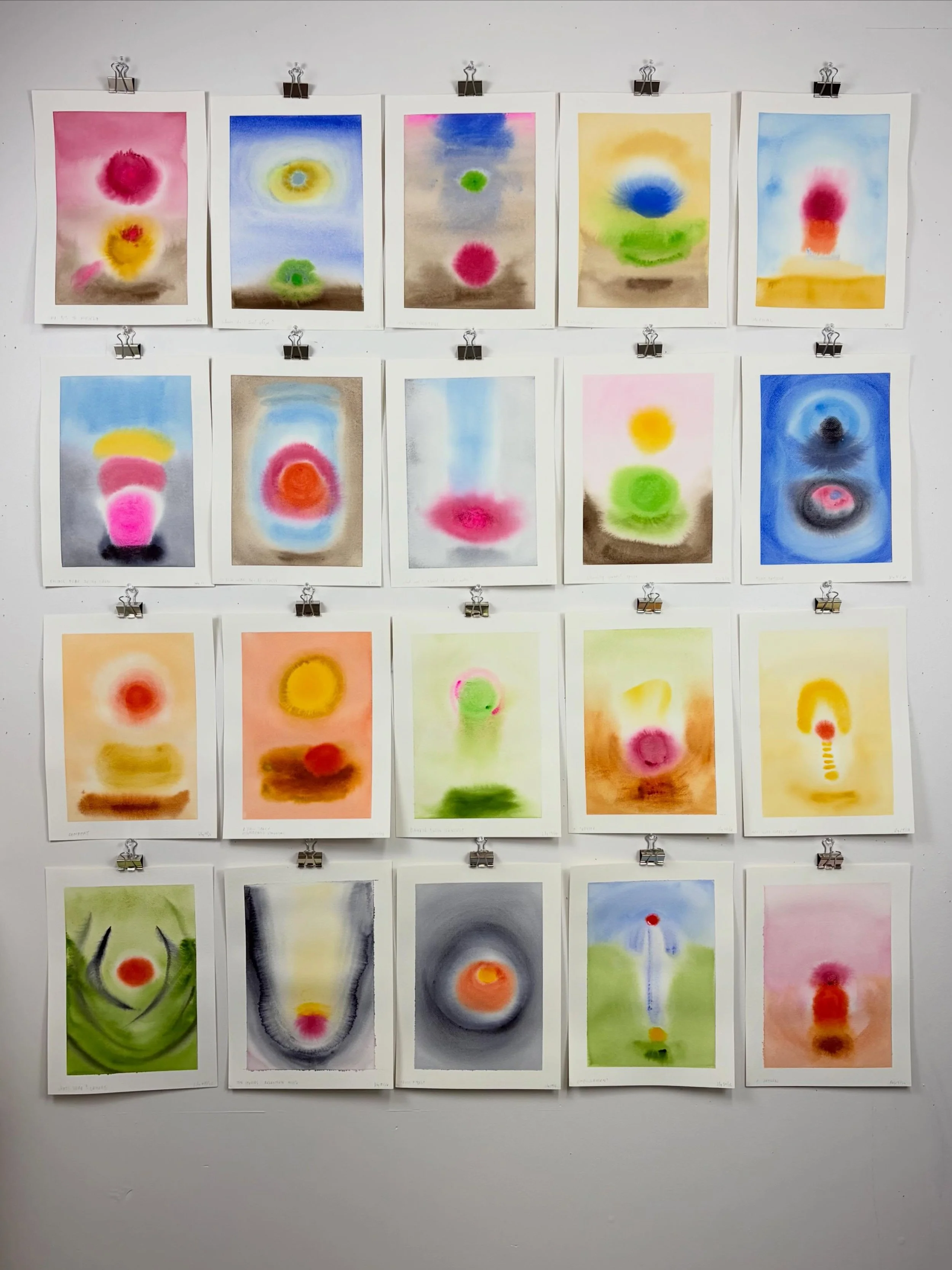 This started as a daily sketchbook practice and then moved out onto the wall as a growing collection of individual moments in conversation. 
#artonpaper #watercolourart #studiowall #artpractice #artiststudio