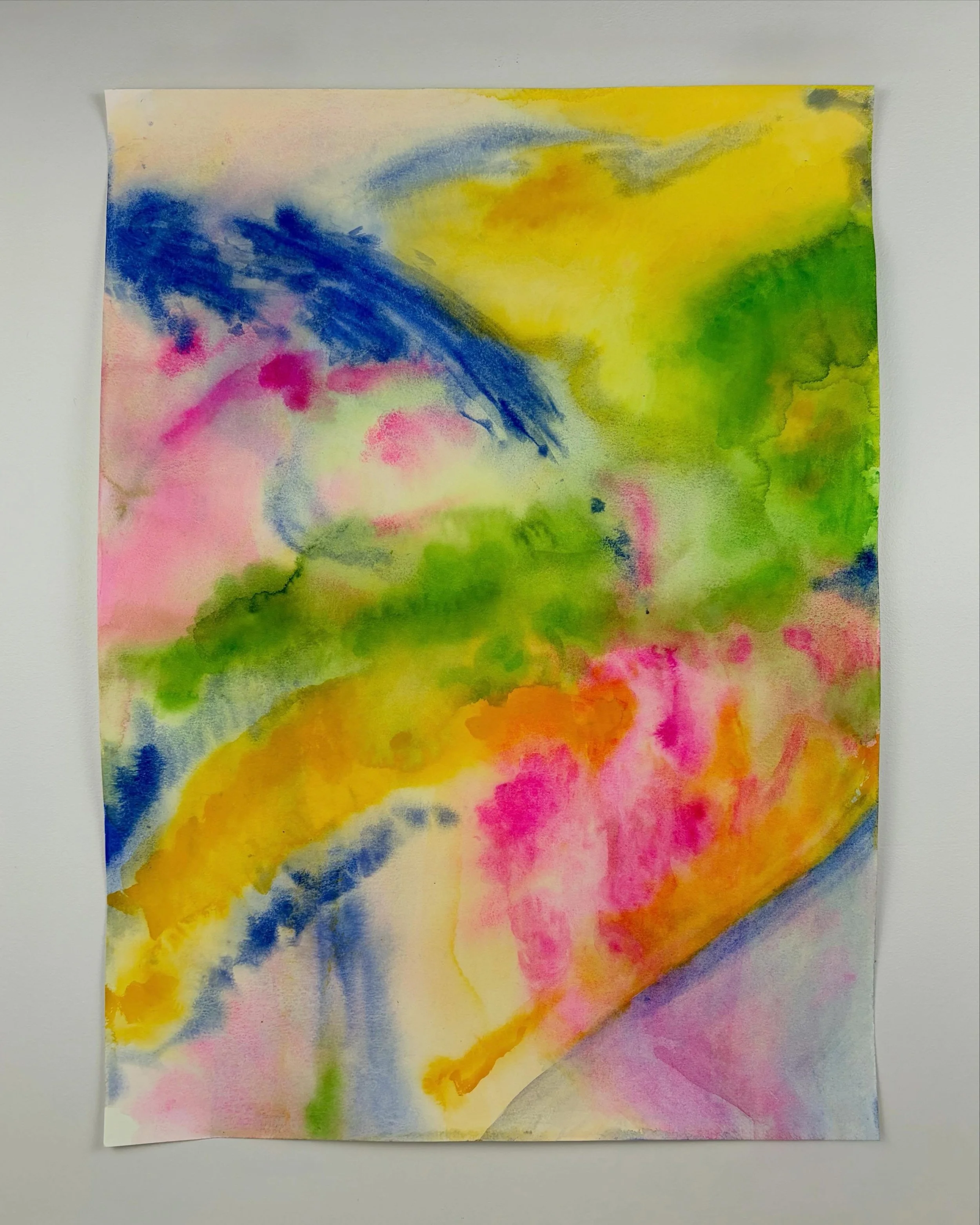 His Sneeze Caught Me (Somatically), 2026
Watercolour on paper
18 &times; 24 in.

This painting came from the unexpected sensation of my son&rsquo;s sneeze landing on my skin. We were trying to get out the door, and I could feel the stress rising in m