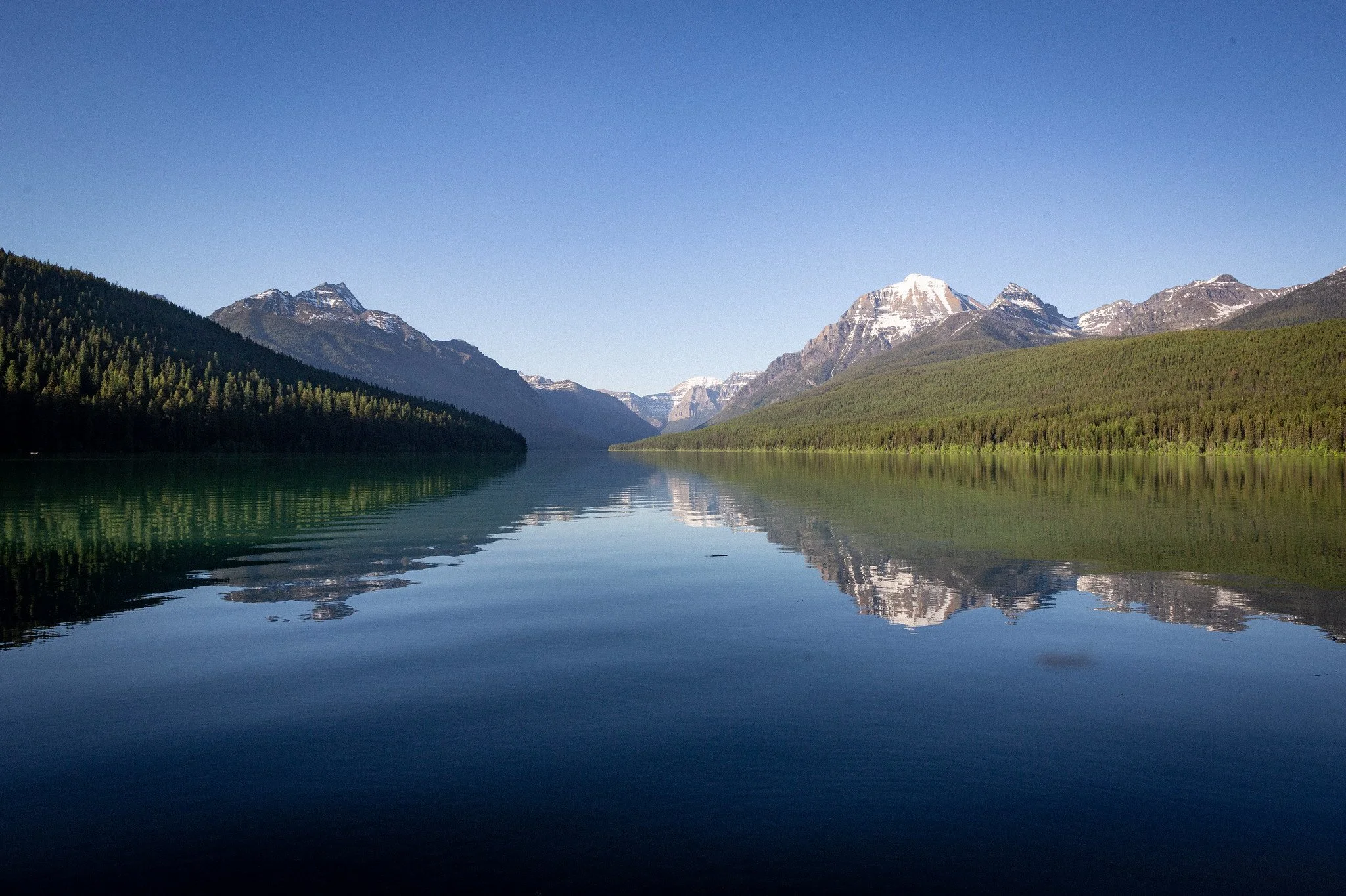 Calm lake reflecting snow-capped mountains and dense green forest under a clear blue sky.