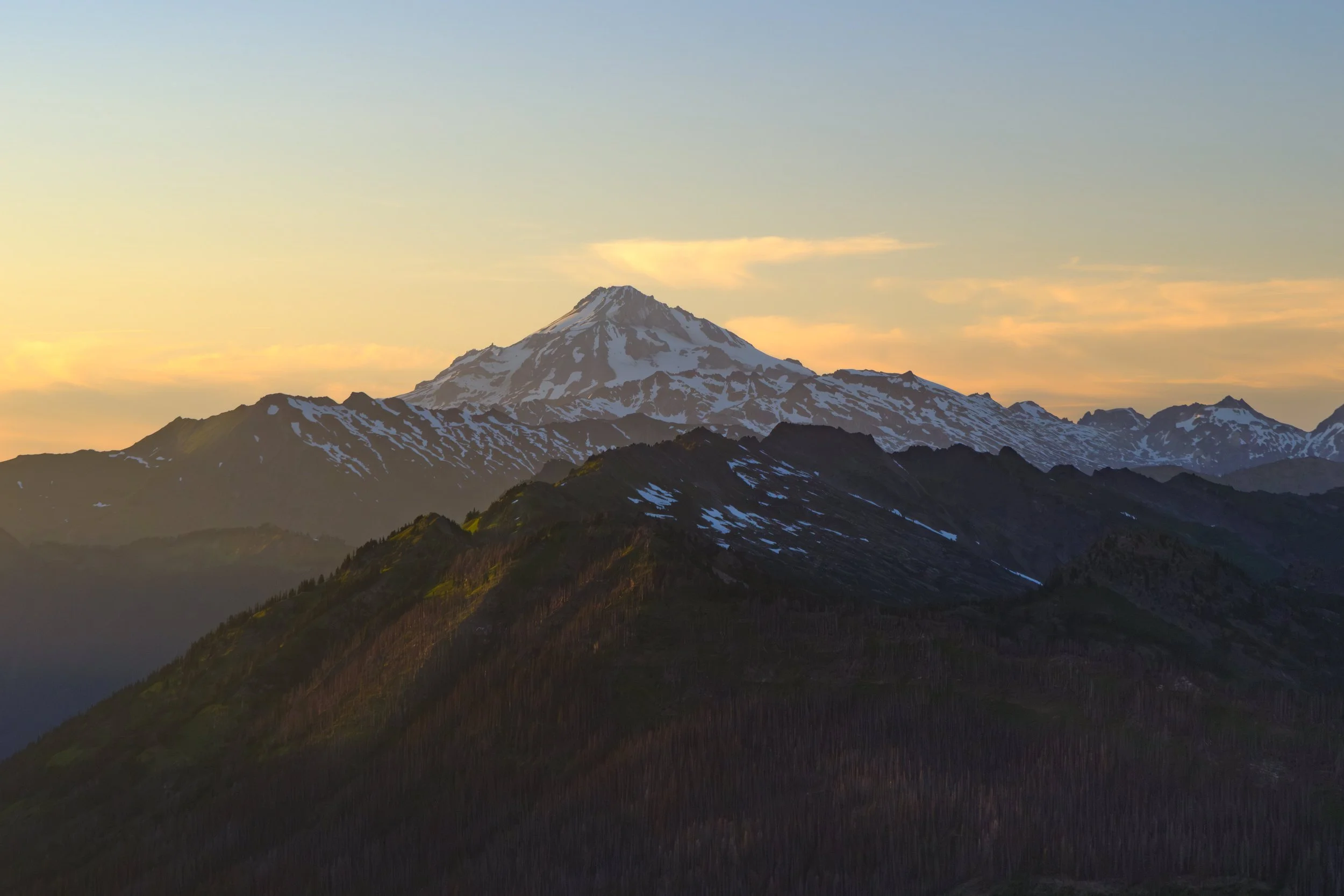 Scenic landscape of Glacier Peak during sunset. Washington State's most remote volcano.