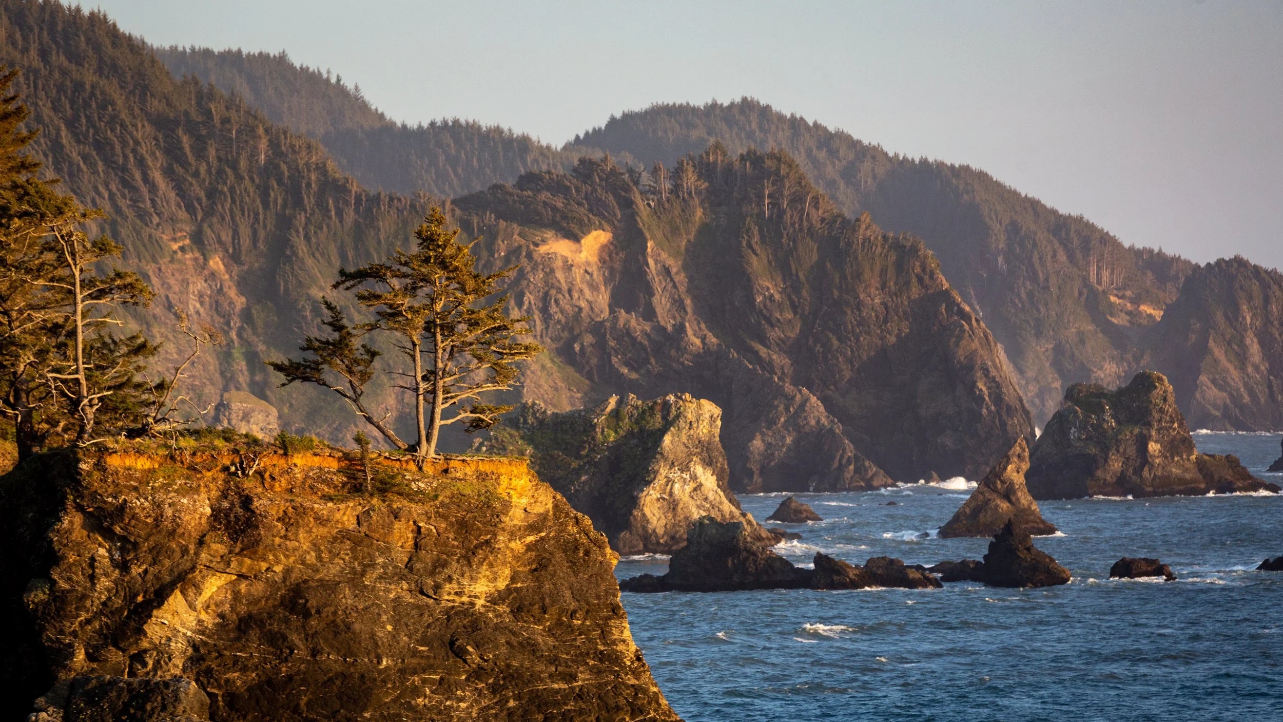 Coastal scene with rocky cliffs, trees, ocean waves, and mountainous background at sunset.