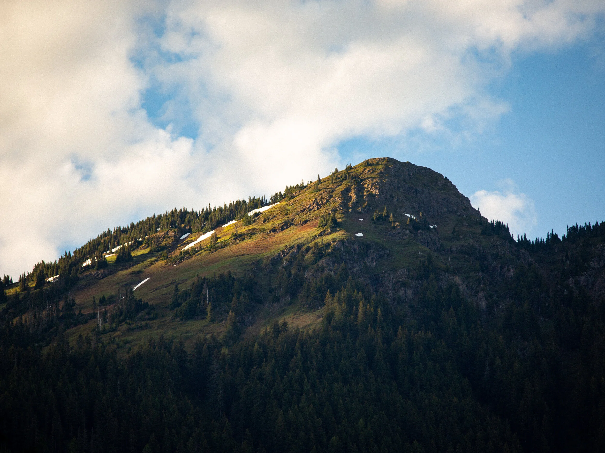 Mountains with green forest and patches of snow, under a cloudy sky.