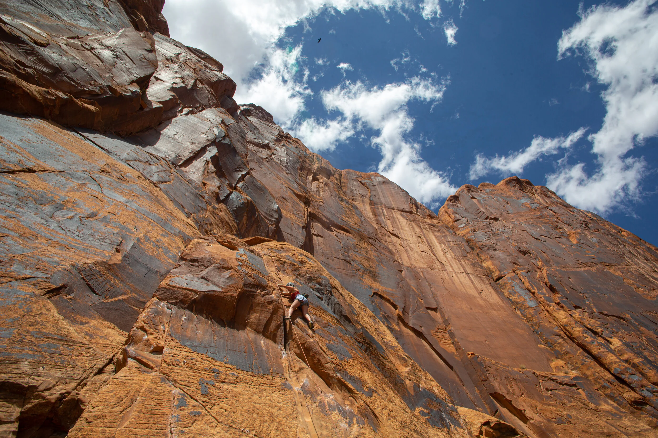 A person rock climbing in Moab, Utah's beautiful Red Sandstone cliffs.
