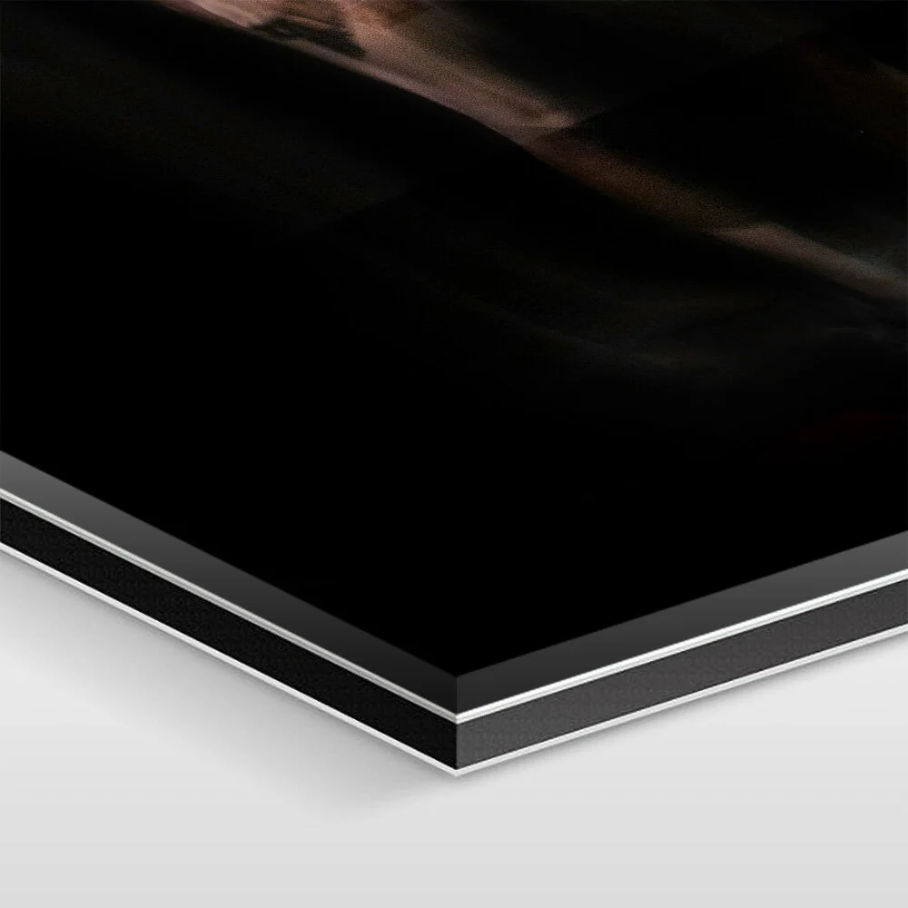 The artwork is mounted under 1/16 inch of acrylic glass, 1/8 inch of aluminum Dibond, and sealed with elastic silicone.