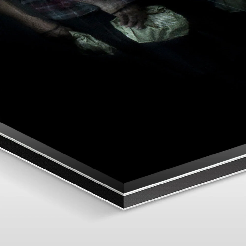 The artwork is mounted under 1/16 inch of acrylic glass, 1/8 inch of aluminum Dibond, and sealed with elastic silicone.