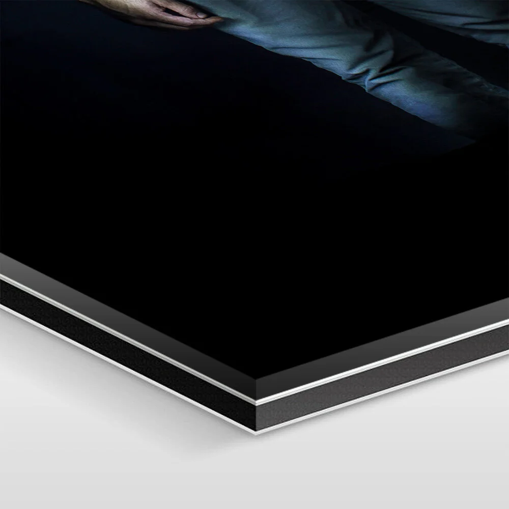 The artwork is mounted under 1/16 inch of acrylic glass, 1/8 inch of aluminum Dibond, and sealed with elastic silicone.