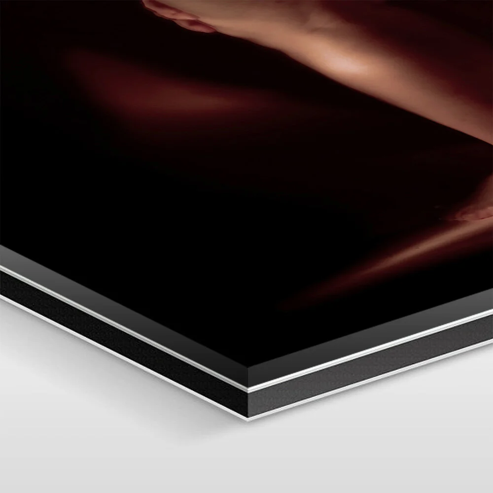The artwork is mounted under 1/16 inch of acrylic glass, 1/8 inch of aluminum Dibond, and sealed with elastic silicone.