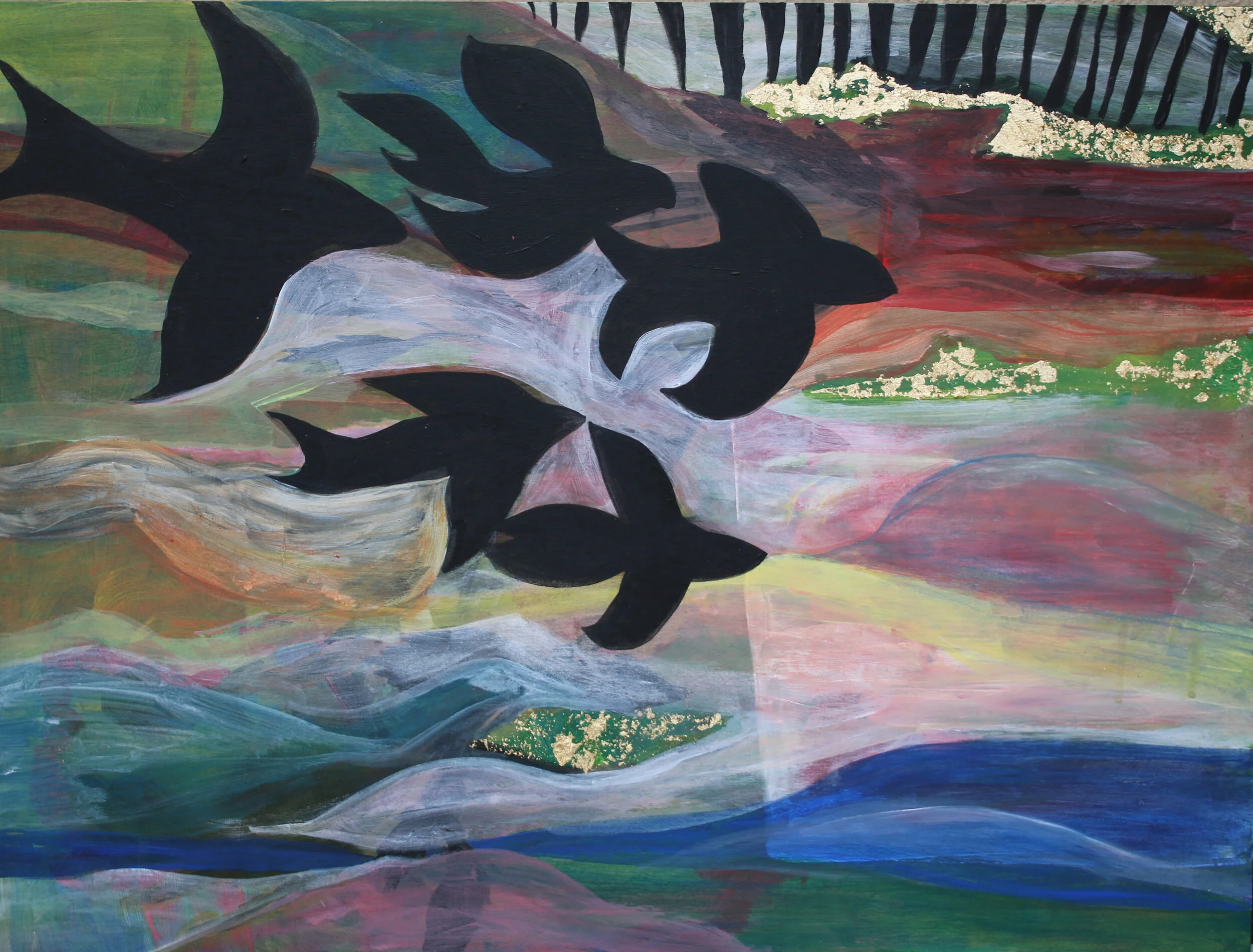  Acrylic and  18k gold leaf on 12 x 18” wood panel  I was living among the increasing amount of forest fires devastating the US West Coast and saw first hand the impact it was having on wild life. Asphalt roads too hot to drive down, homes and commun