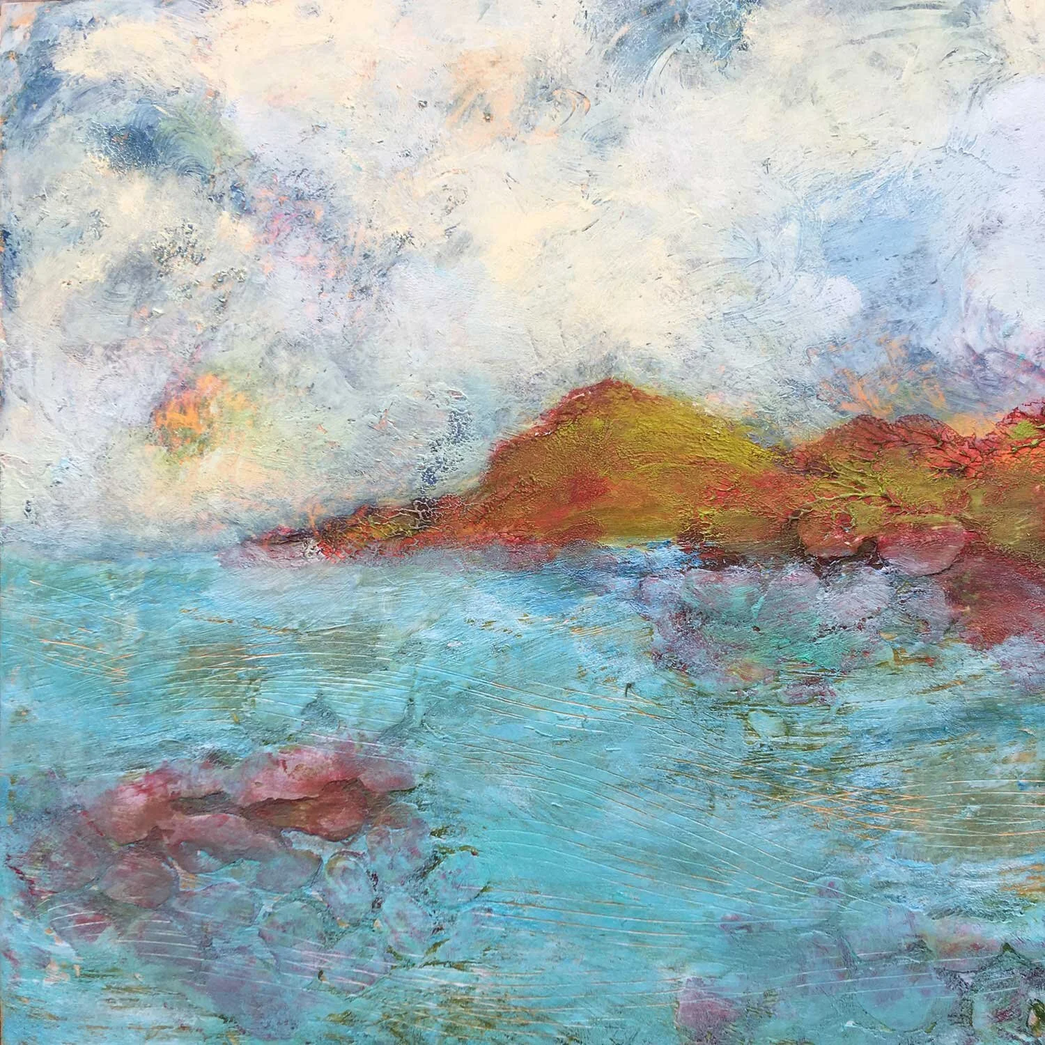 Cold wax painting of water with mountains in the distance