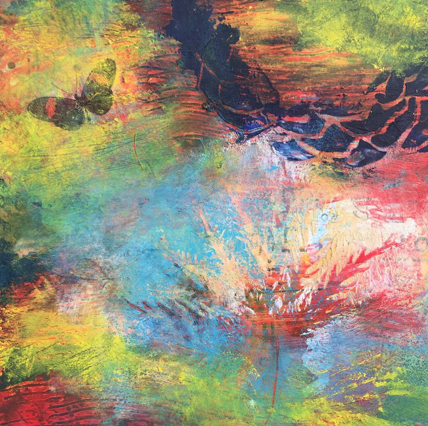 Cold wax painting with vibrant colors of nature