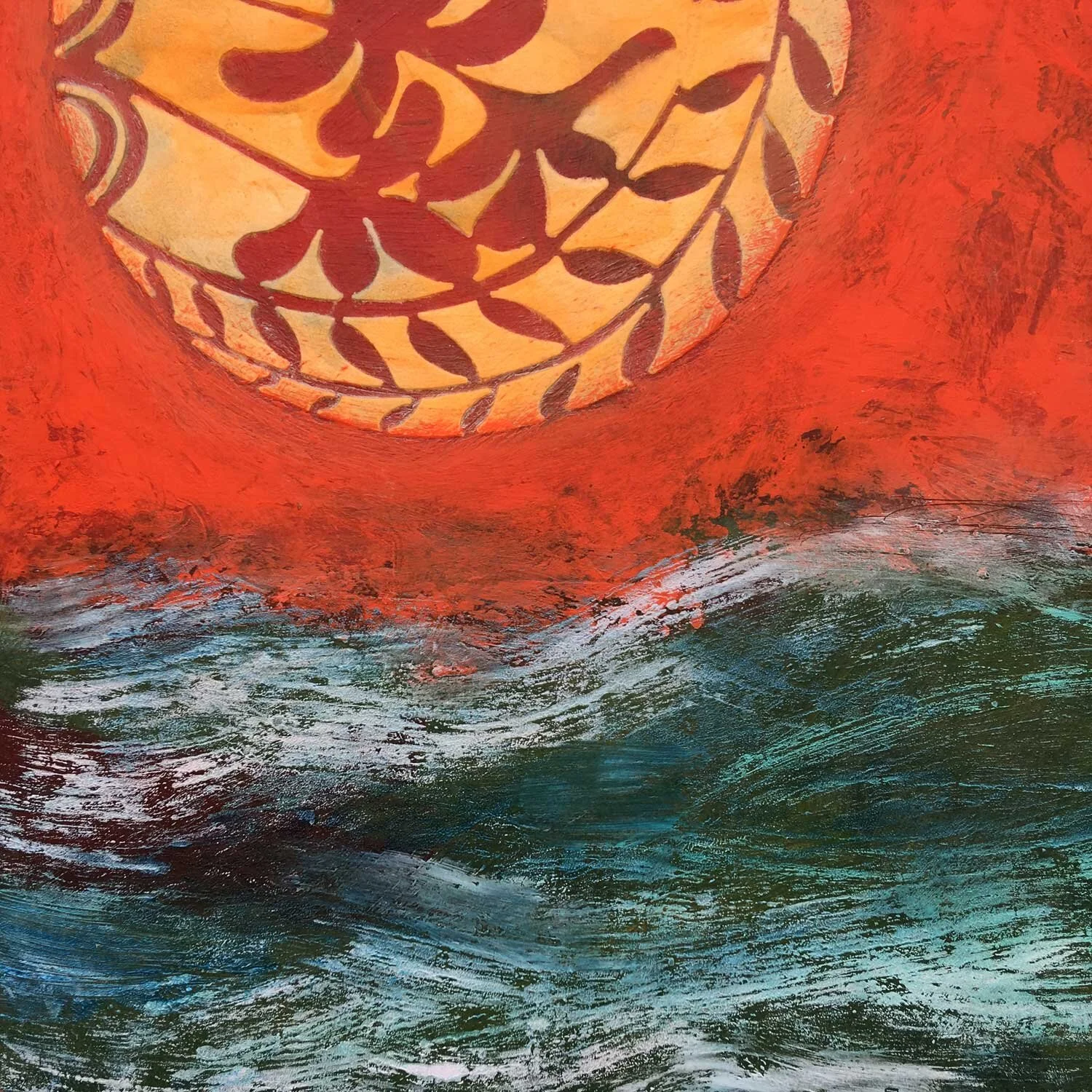 Cold wax painting with dark water and vibrant sky