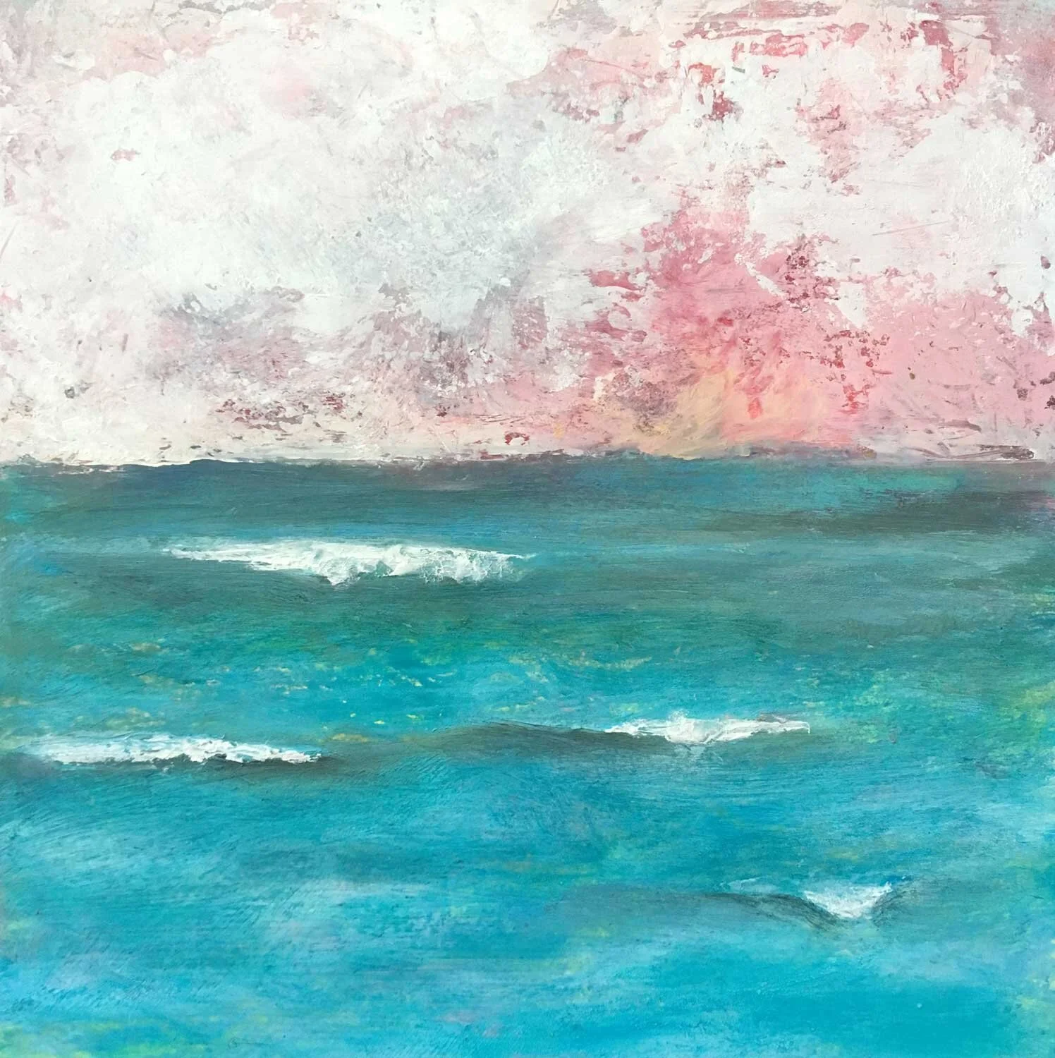 Cold wax painting of waves in the ocean