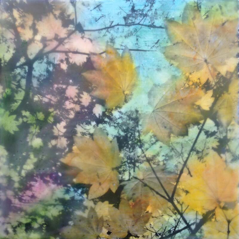 Encaustic painting with leaves, trees, and sky (Copy) (Copy)