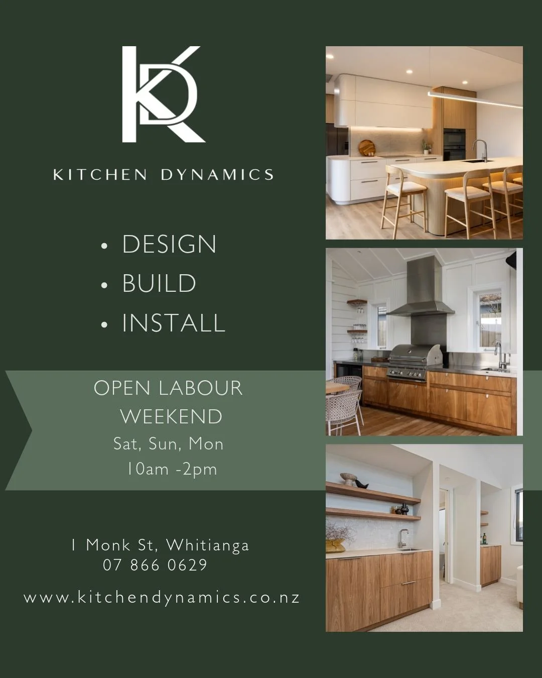 We're opening our doors this Labour Weekend!

If you've been thinking about a new kitchen, planning a renovation or simply looking for some inspiration, we'd love you to pop in and see us at our new Whitianga studio.

Come and explore the showroom, s
