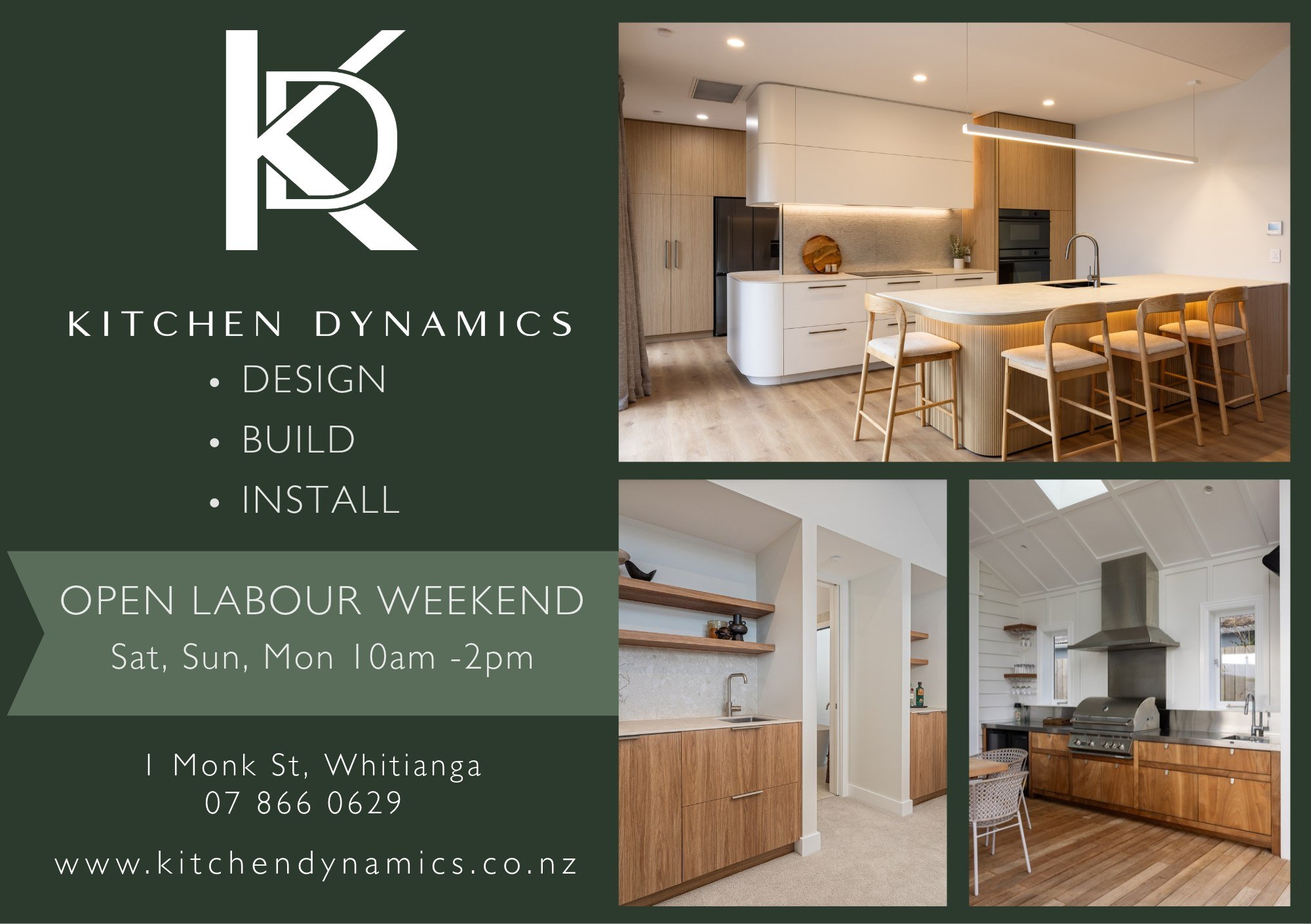 We're opening our doors this Labour Weekend!

If you've been thinking about a new kitchen, planning a renovation or simply looking for some inspiration, we'd love you to pop in and see us at our new Whitianga studio.

Come and explore the showroom, s