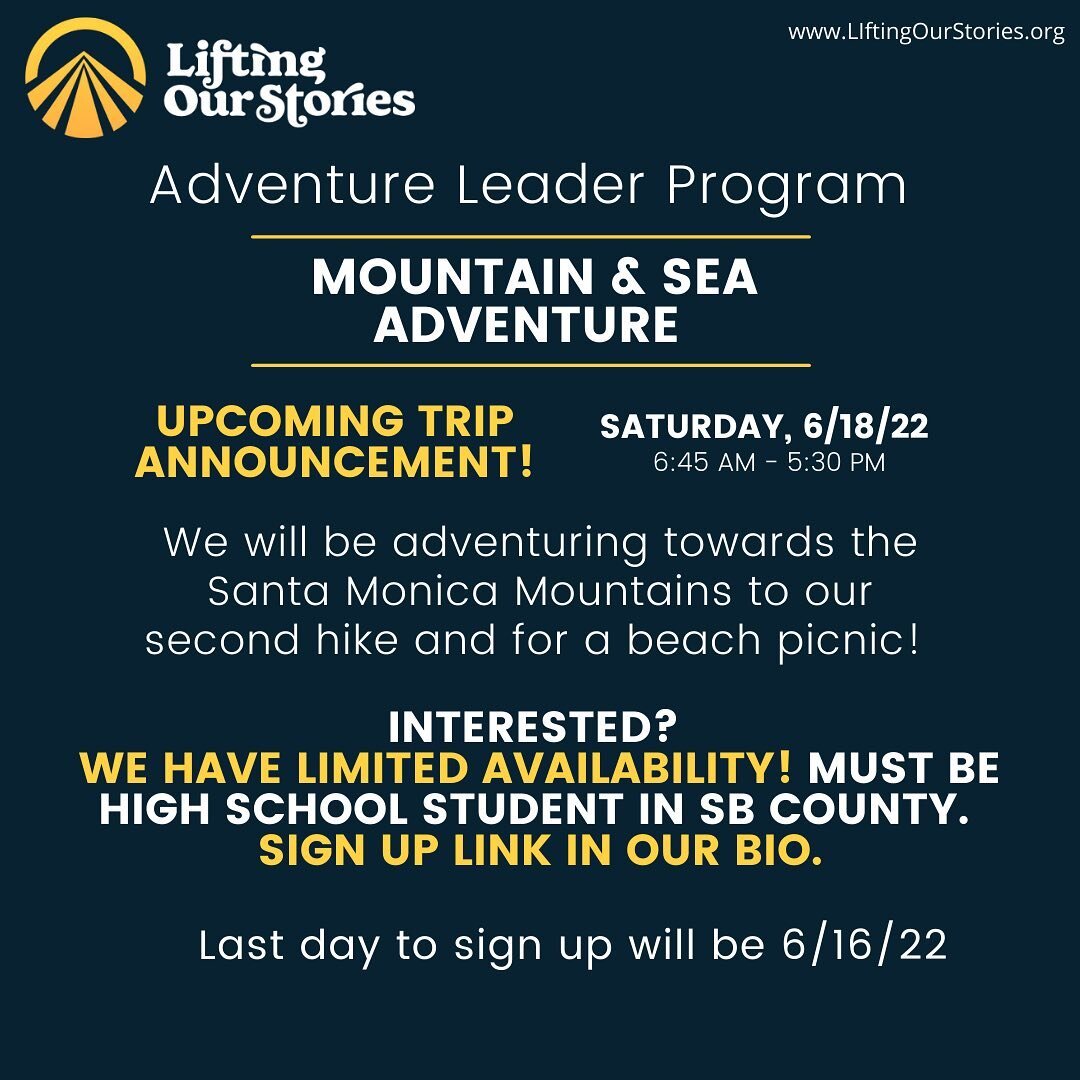 SB County High School Youth, join our Adventure Leaders this Saturday as we explore the Santa Monica Mountains and enjoy a picnic at the beach! Register using the Youth Participation form link that&rsquo;s in our bio.

#LiftingOurStories #OutdoorLead