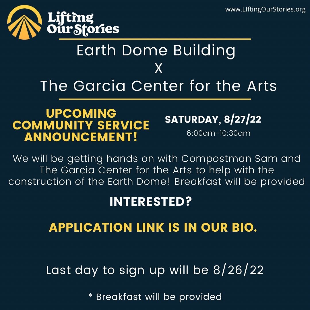 L.O.S. Youth will be helping @compostman_sam and The Garcia Center for the Arts in their Earth Dome building this Saturday, Aug. 27th. The Earth Dome will serve as an art installation and meditation space for the community. 

Invite your friends and 