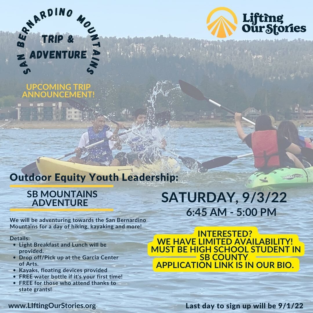 Join us this Saturday for a day of hiking and kayaking in the San Bernardino National Forest! Sign up by Sept. 1st, Application link in the bio. We look forward to another day adventuring in nature. 🌲⛰