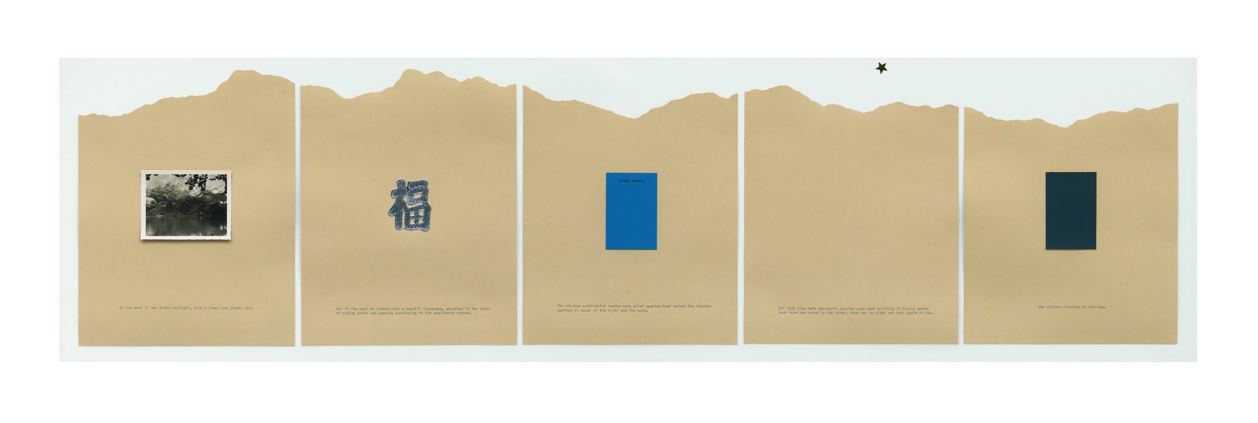  Alexis Smith,  The Magic Mountain (from Thomas Mann’s “The Magic Mountain”) , 1978. Two panel collage. 12 ½ x 99 ½ x 1 inches. 
