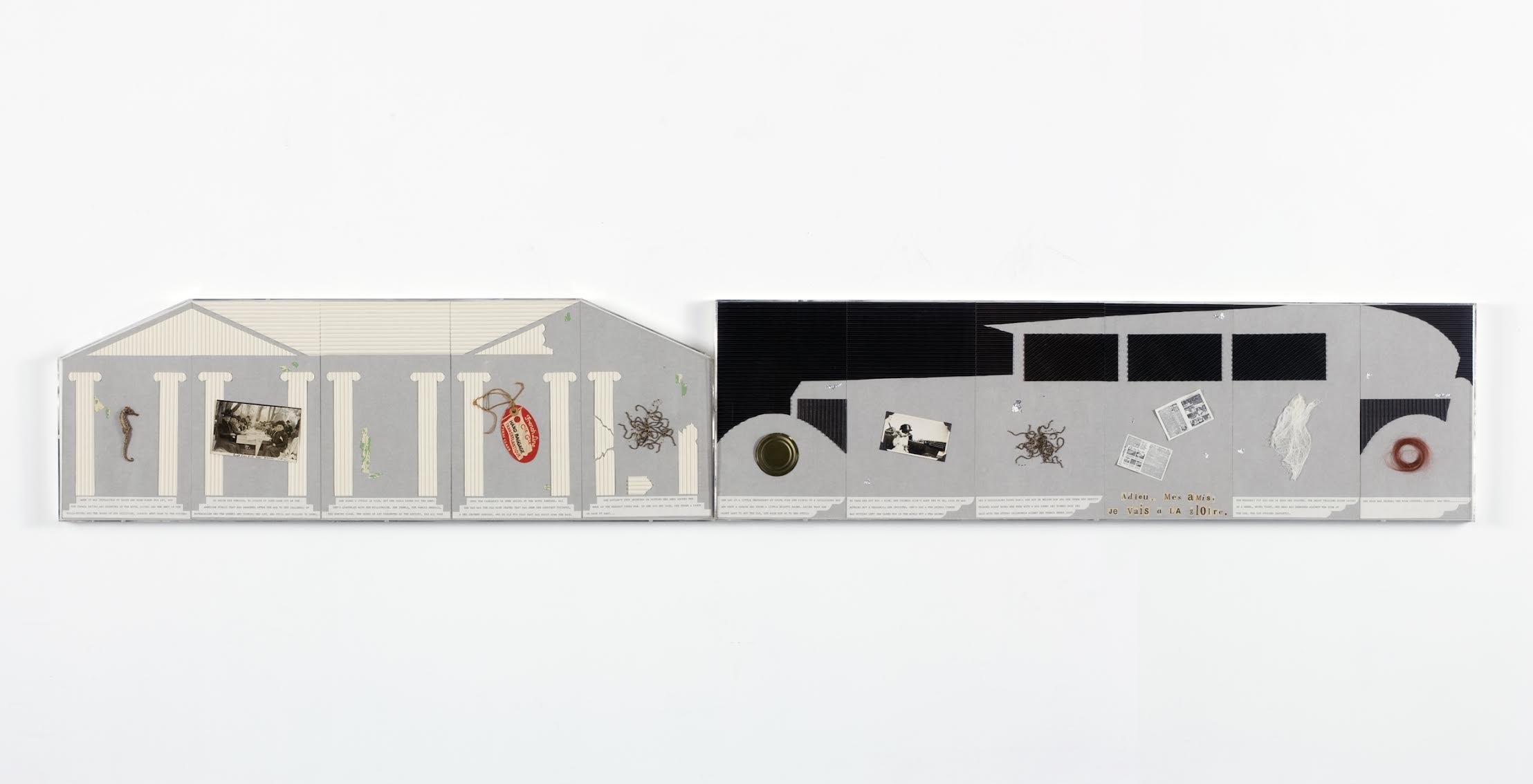  Alexis Smith,  Isadora,  1980—1981. Mixed-media collage (two panels) over painted backdrop of corrugated paper. 120 x 144 x 1 ½ inches; Panel dimensions: 14&nbsp;⅓&nbsp;x 41 ½ inches; 14&nbsp;⅛&nbsp;x 48 ¾ inches; Backdrop dimensions: 10 x 12 ft. [d