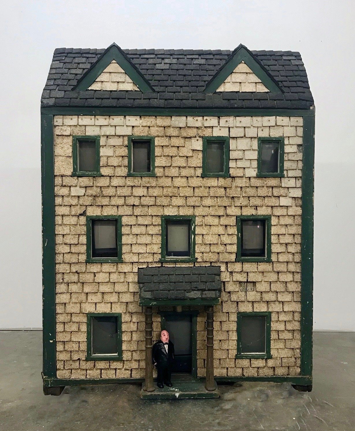  Nam June Paik,  Hitchcock Dollhouse , 1995. Readymade antique dollhouse, nine various sized video monitors, three-channel video and plaster Hitchcock figure. 58 ½ x 41 ½ x 20 inches.  