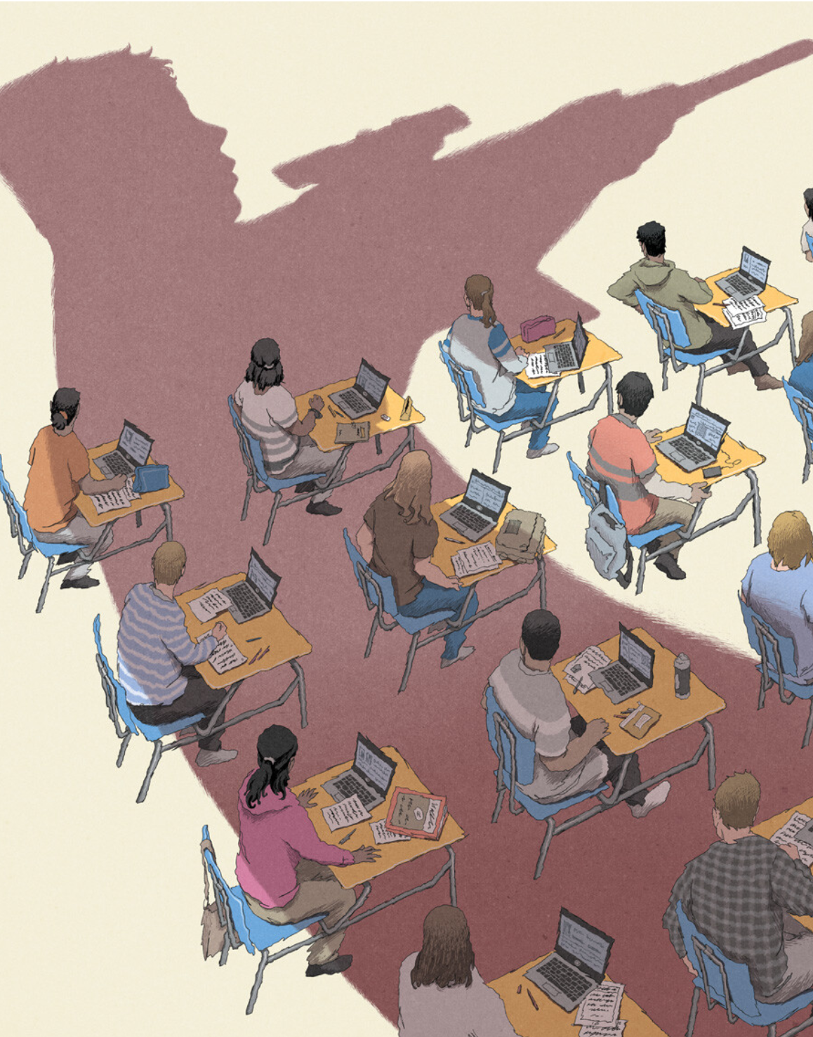 Illustration of students sitting at desks in classroom with a large shadow over them in the shape of a school shooter holding a long gun
