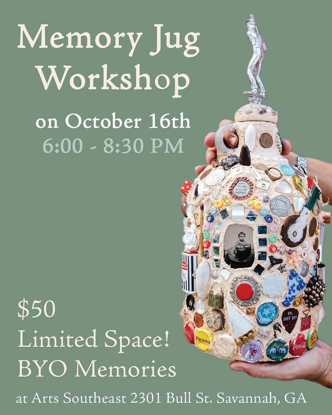 We are excited to announce our upcoming Memory Jug Workshop, Thursday, October 16th from 6-8:30 PM at @artssoutheast 

In this workshop participants will learn about the African American folk art tradition of memory jugs through a brief artist talk b