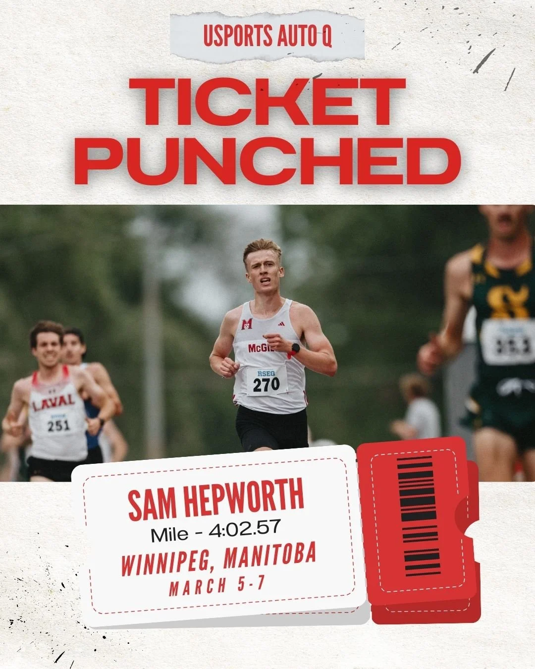 SAMMY BOY AND BIG GERT ARE HEADED TO WINNIPEG!!!! That's right folks we ripped TWO AUTO Q's this weekend!! Sam stormed to a 4:02 MILE (converting to a 3:44 1500m), absolutely tearing the Boston track to BITS and securing his spot at USport nationals!