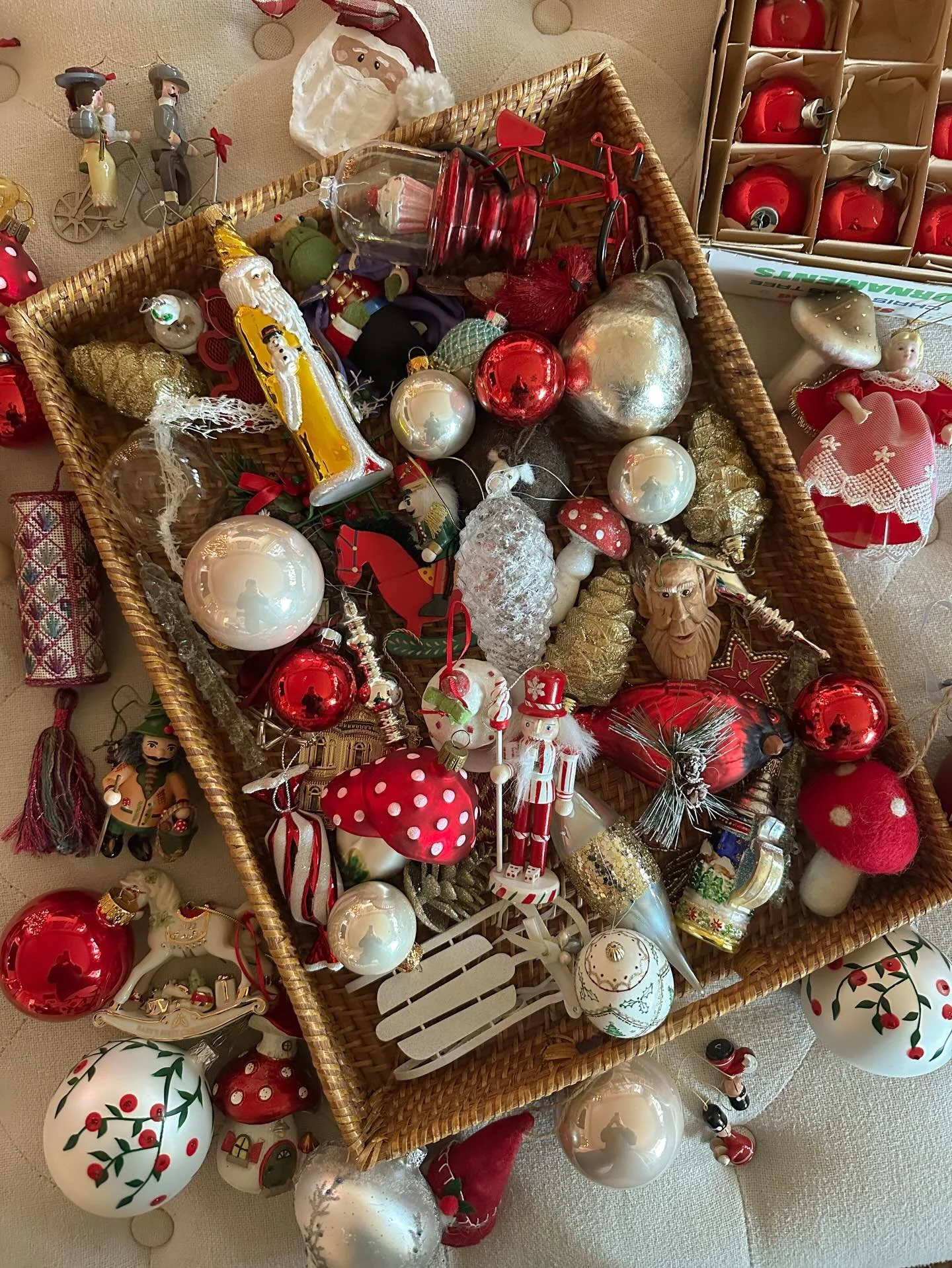 I love pulling out our ornaments. I love how reds pop against the tree and feel so classically Christmas. This is probably about a third of what we put on the tree&mdash;definitely a &ldquo;more is more&rdquo; philosophy over here!