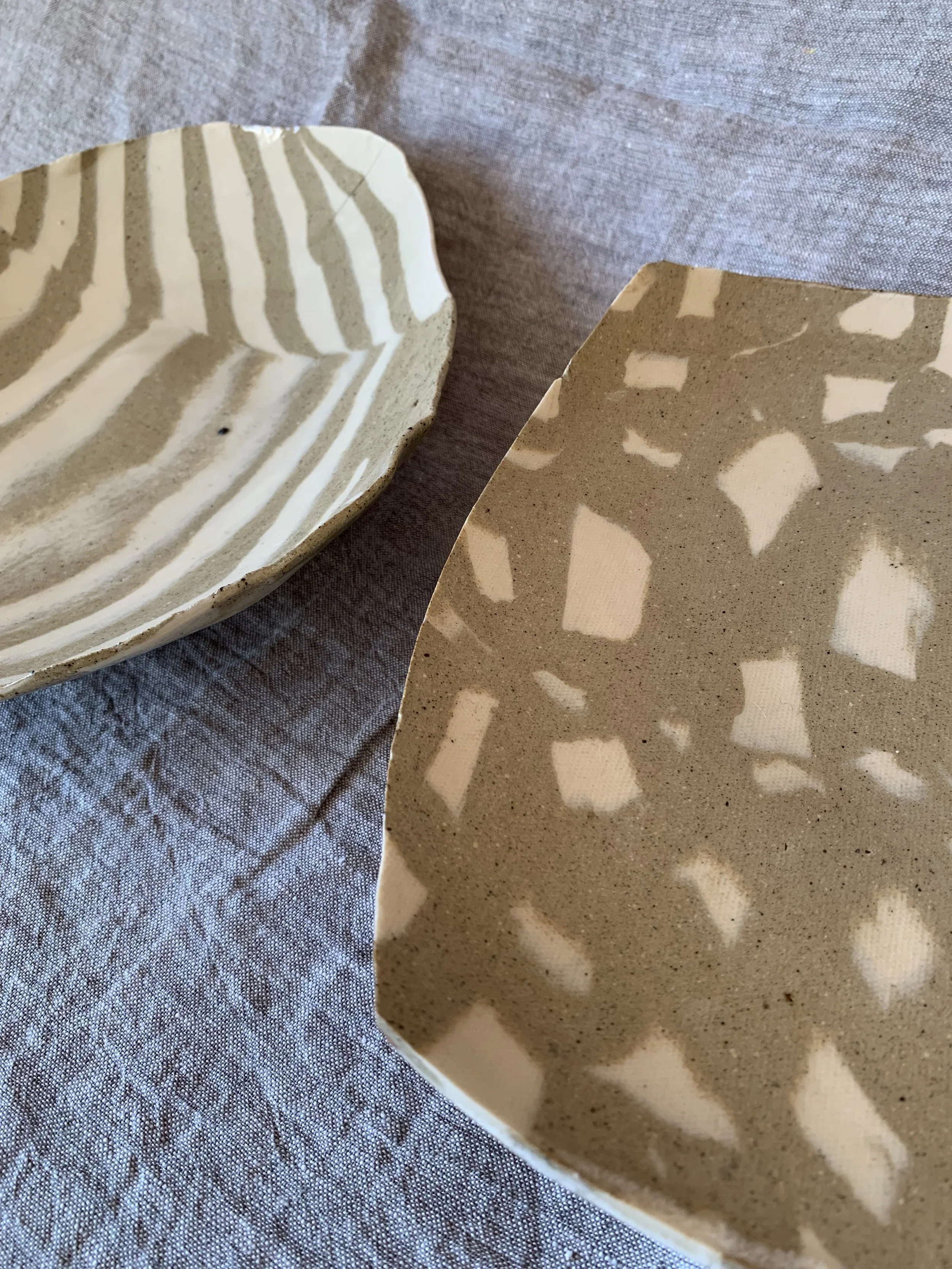 Large striped Nerikomi serving dish and sculptural squared Nerikomi serving dish, clear glazed stoneware