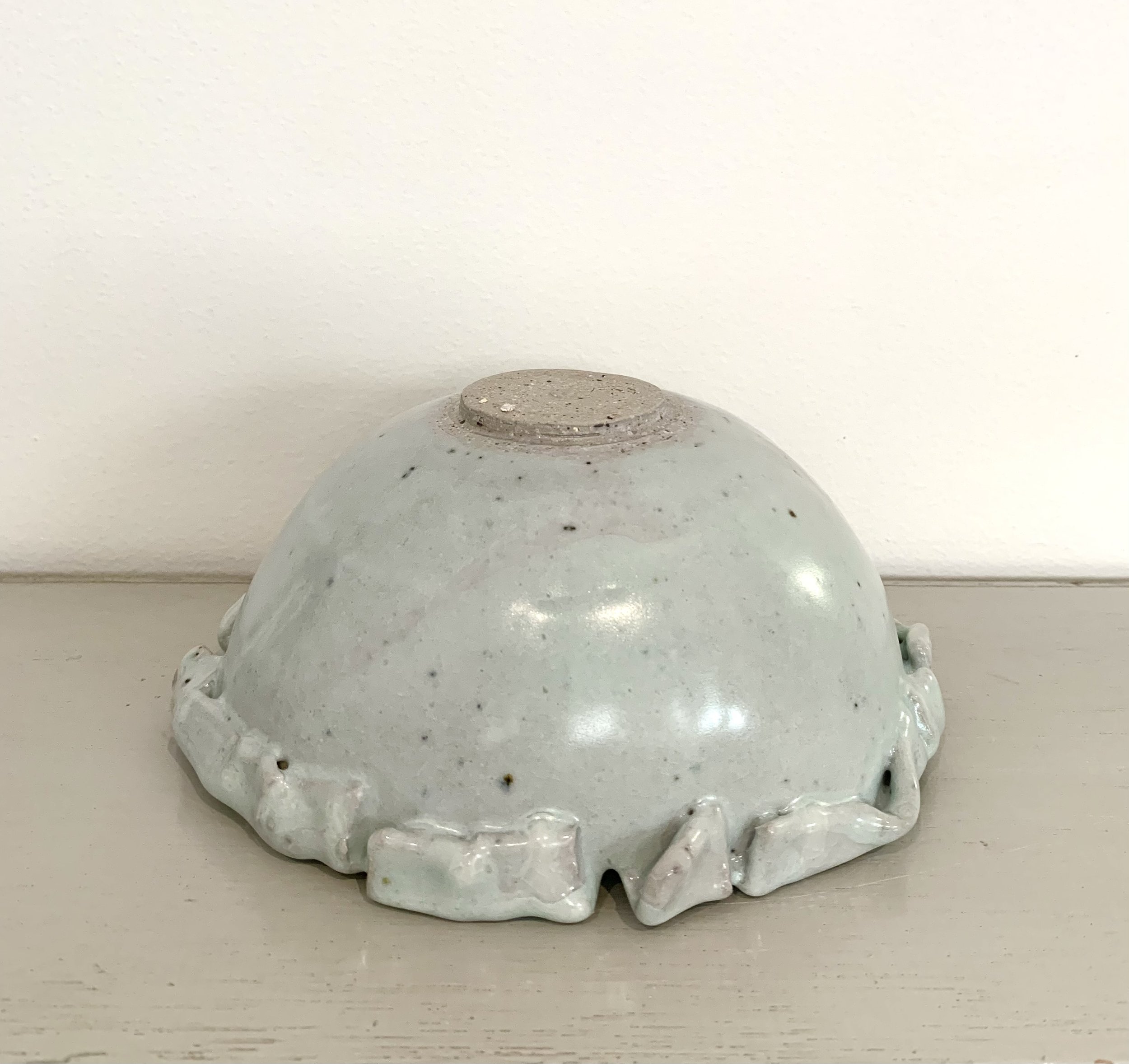 Medium fold-edged footed bowl, shino and ash glazed stoneware