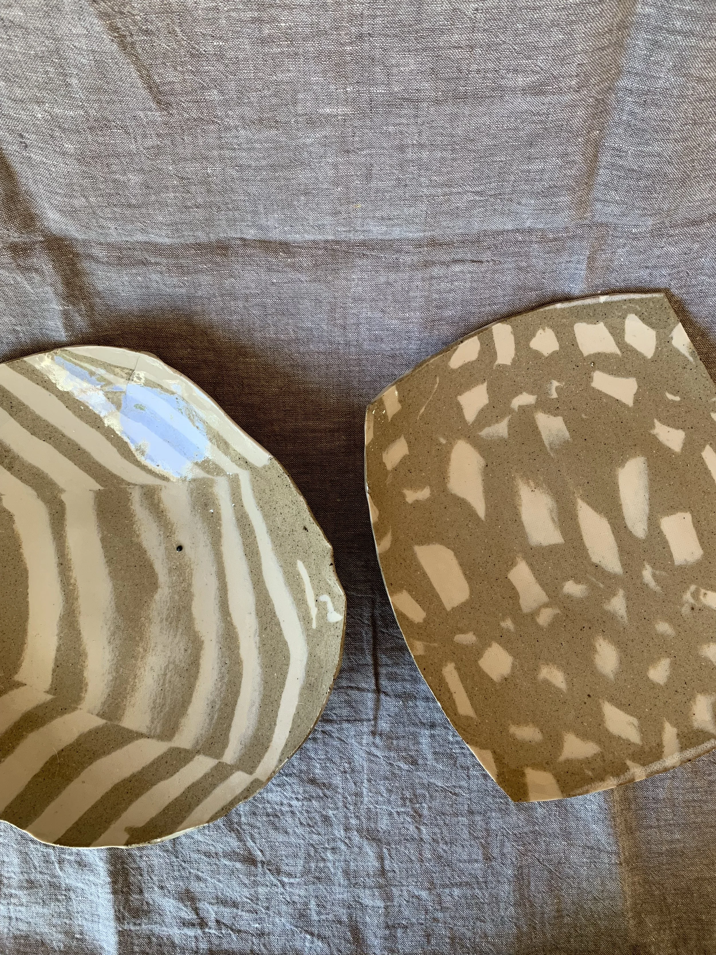 Large striped Nerikomi serving dish and sculptural squared Nerikomi serving dish, clear glazed stoneware