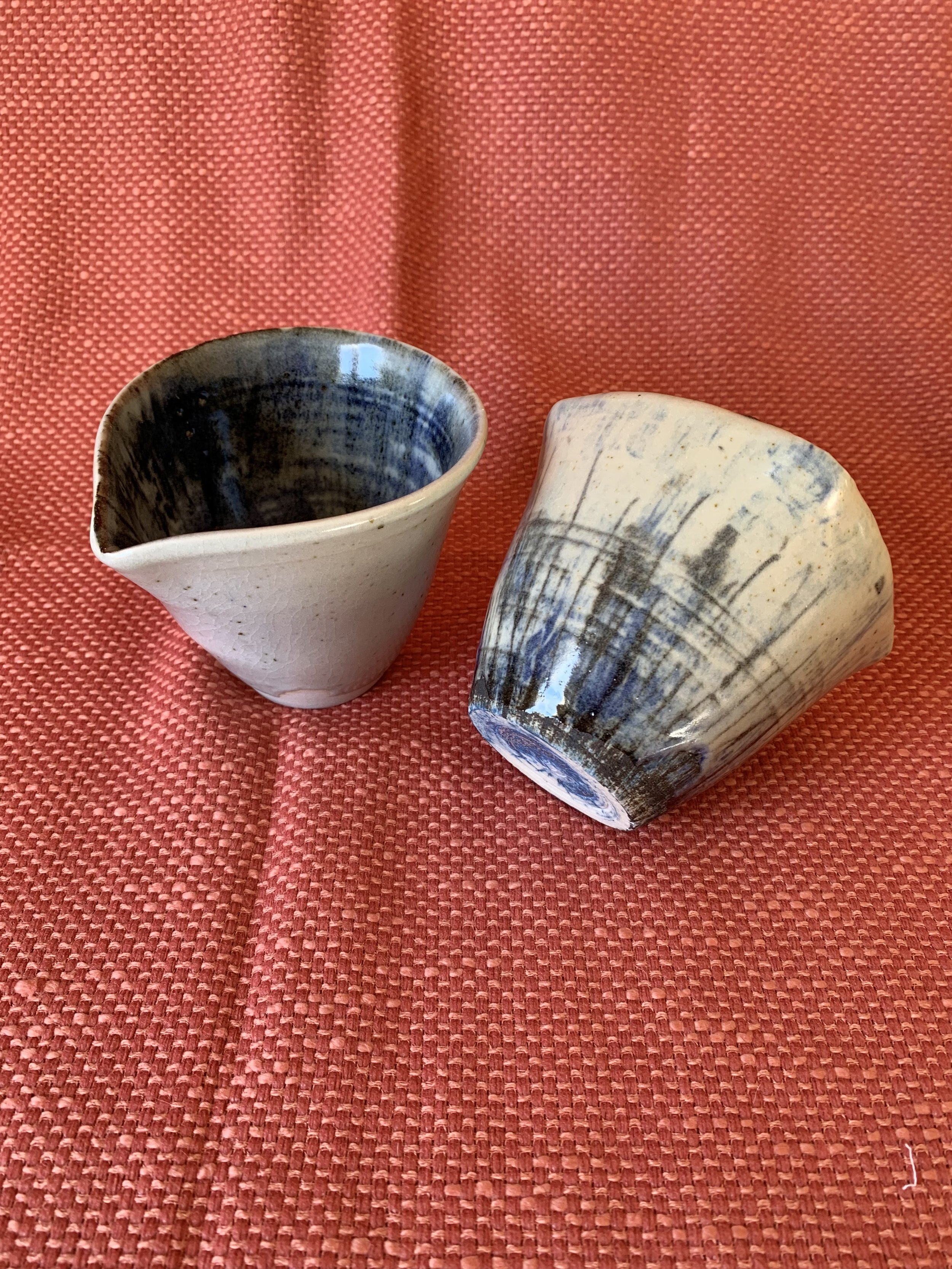Pourer and squared cup, stoneware with slips, oxides, and glaze
