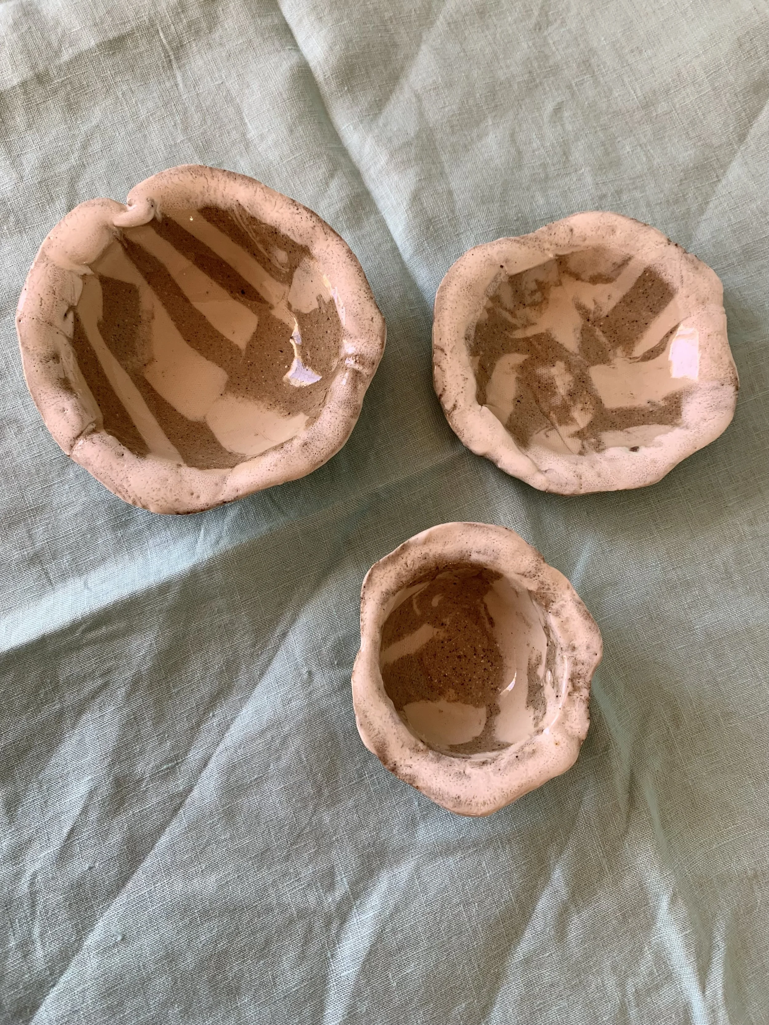 Small Nerikomi trinket dishes, clear glazed stoneware with slip edging