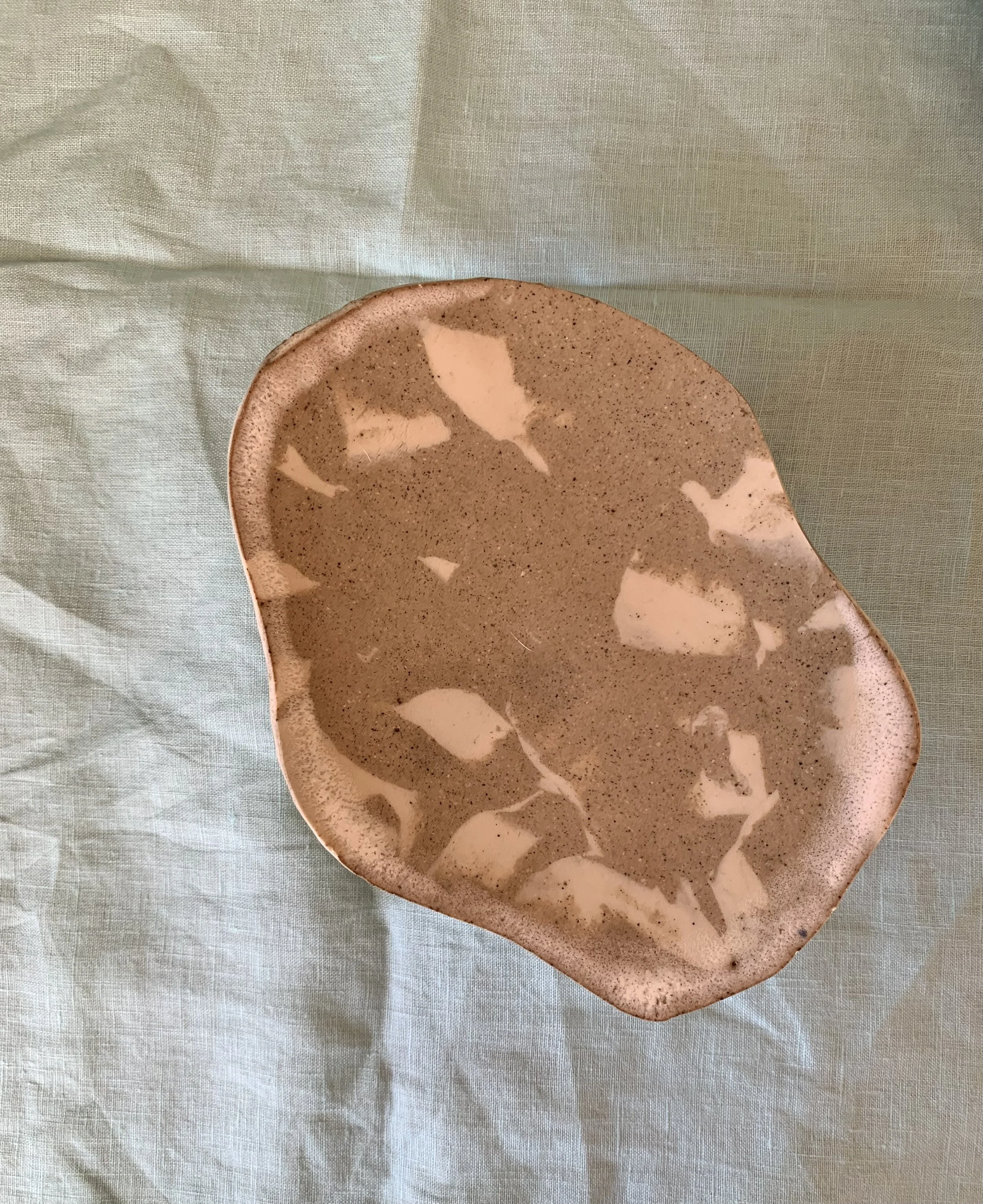 Medium stilted Nerikomi serving dish, clear glazed stoneware with slip