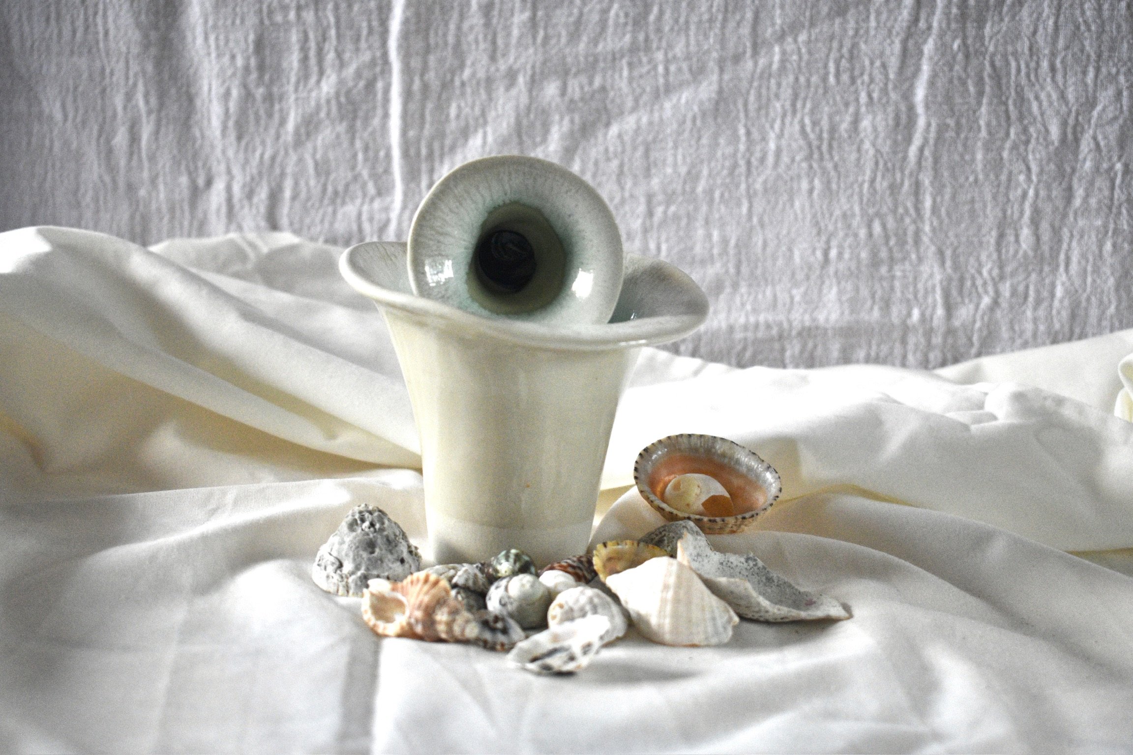 Small shell forms, 2025. Thrown and altered stoneware with oxides, and glaze