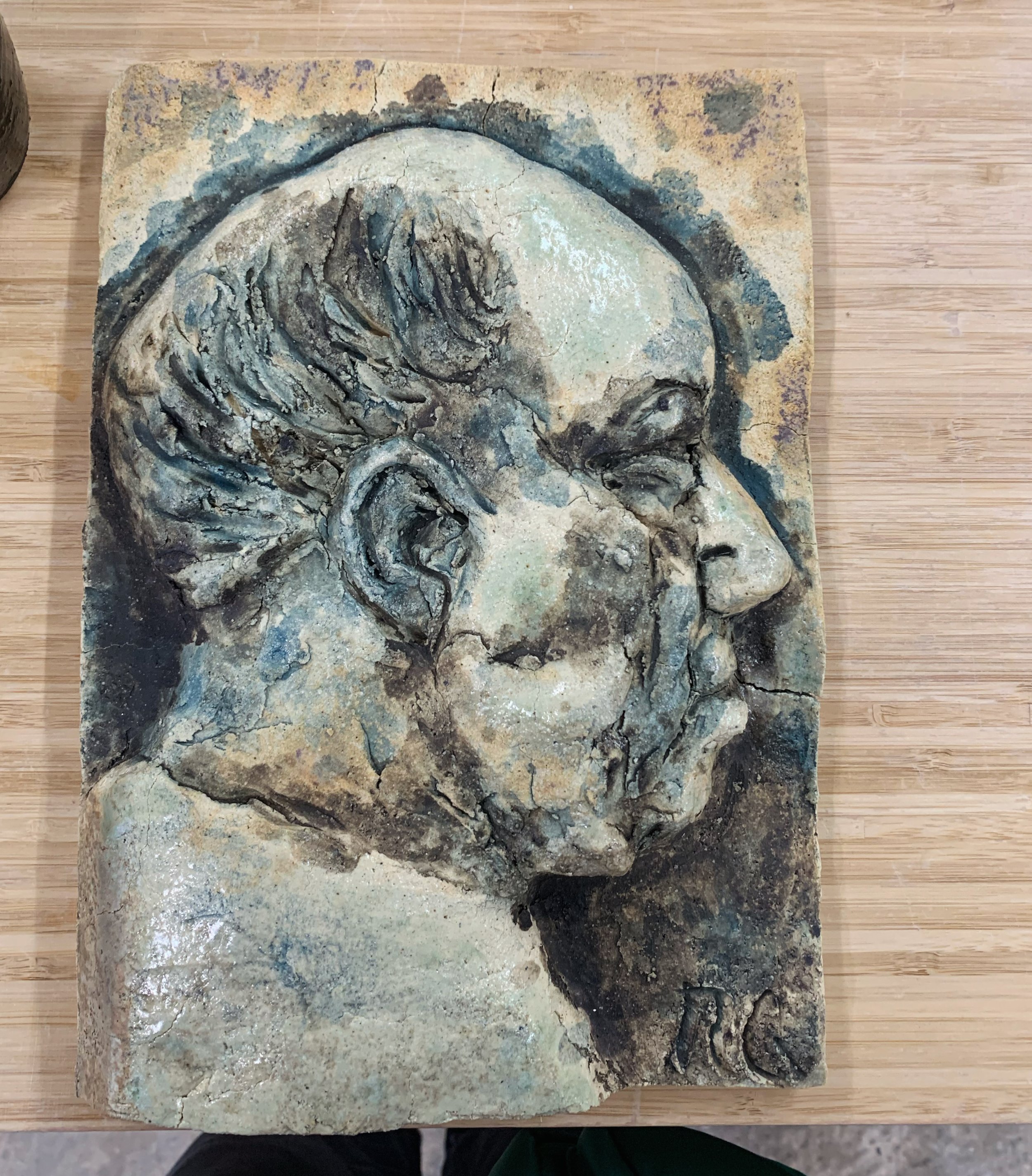 Profile relief, 2024, Raku clay, coloured slips, oxides, and glaze