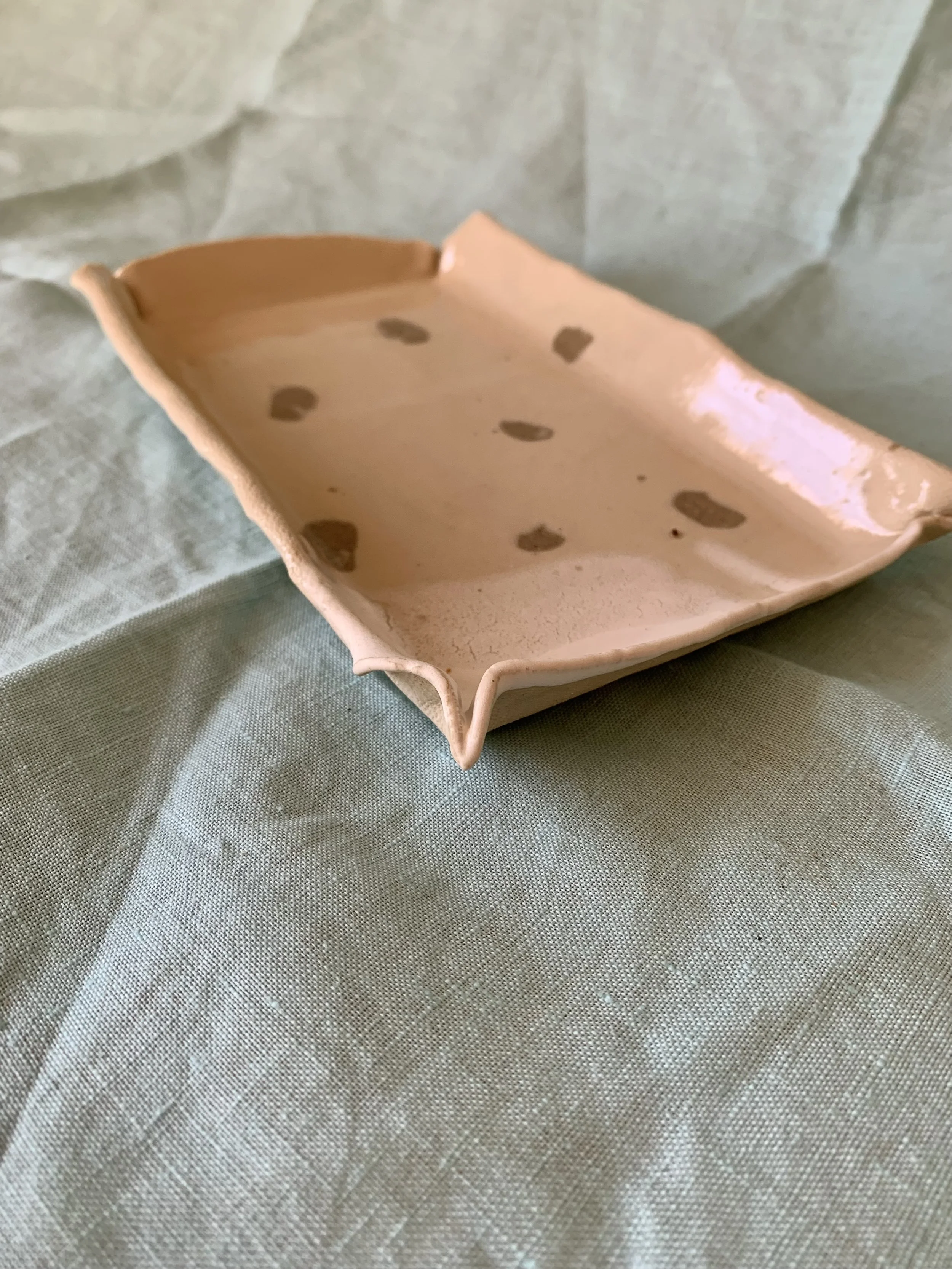 Medium rectangular Nerikomi serving dish, clear glazed stoneware with slip 