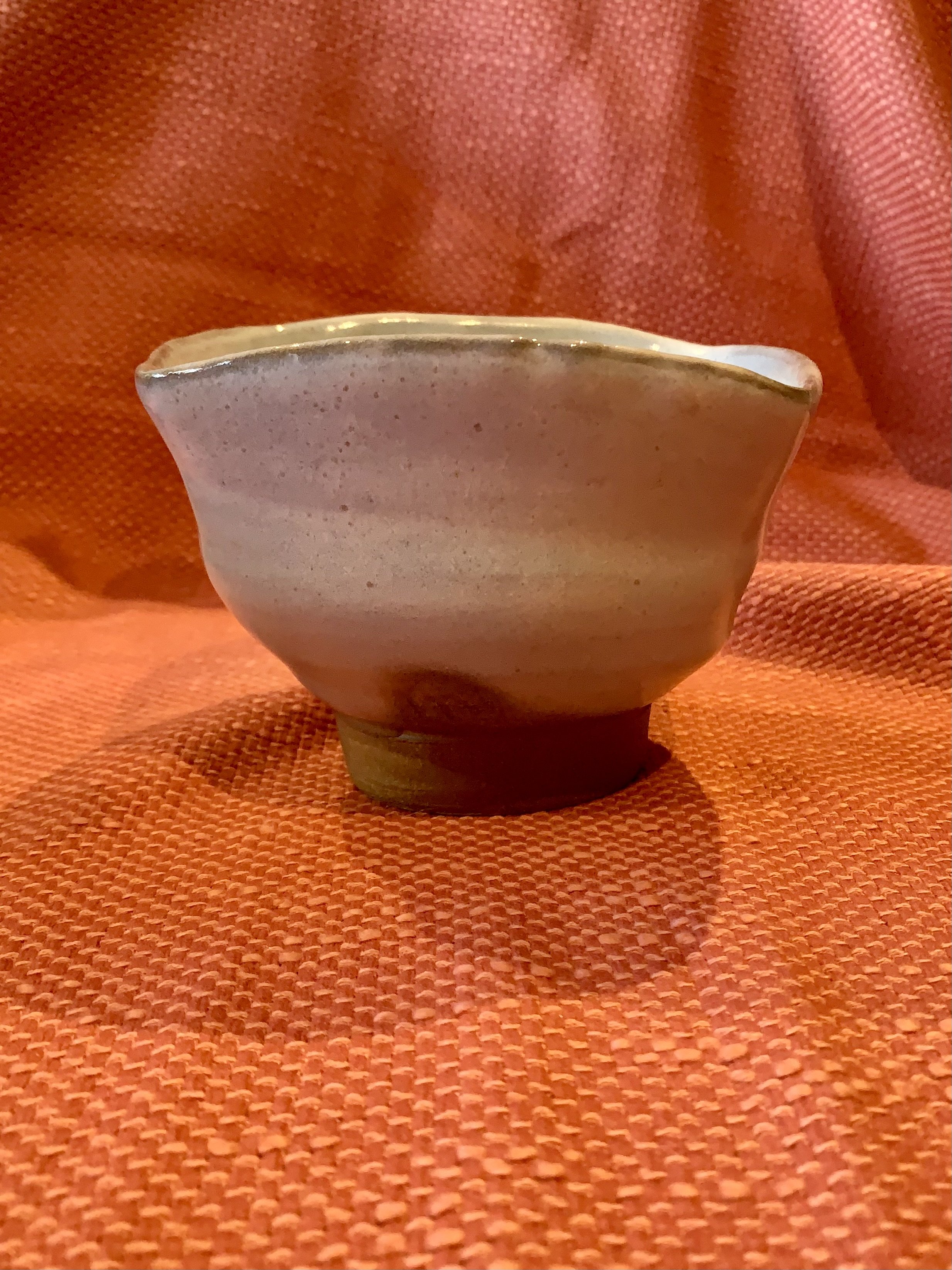 Medium footed bowl, shino and ash glazed stoneware