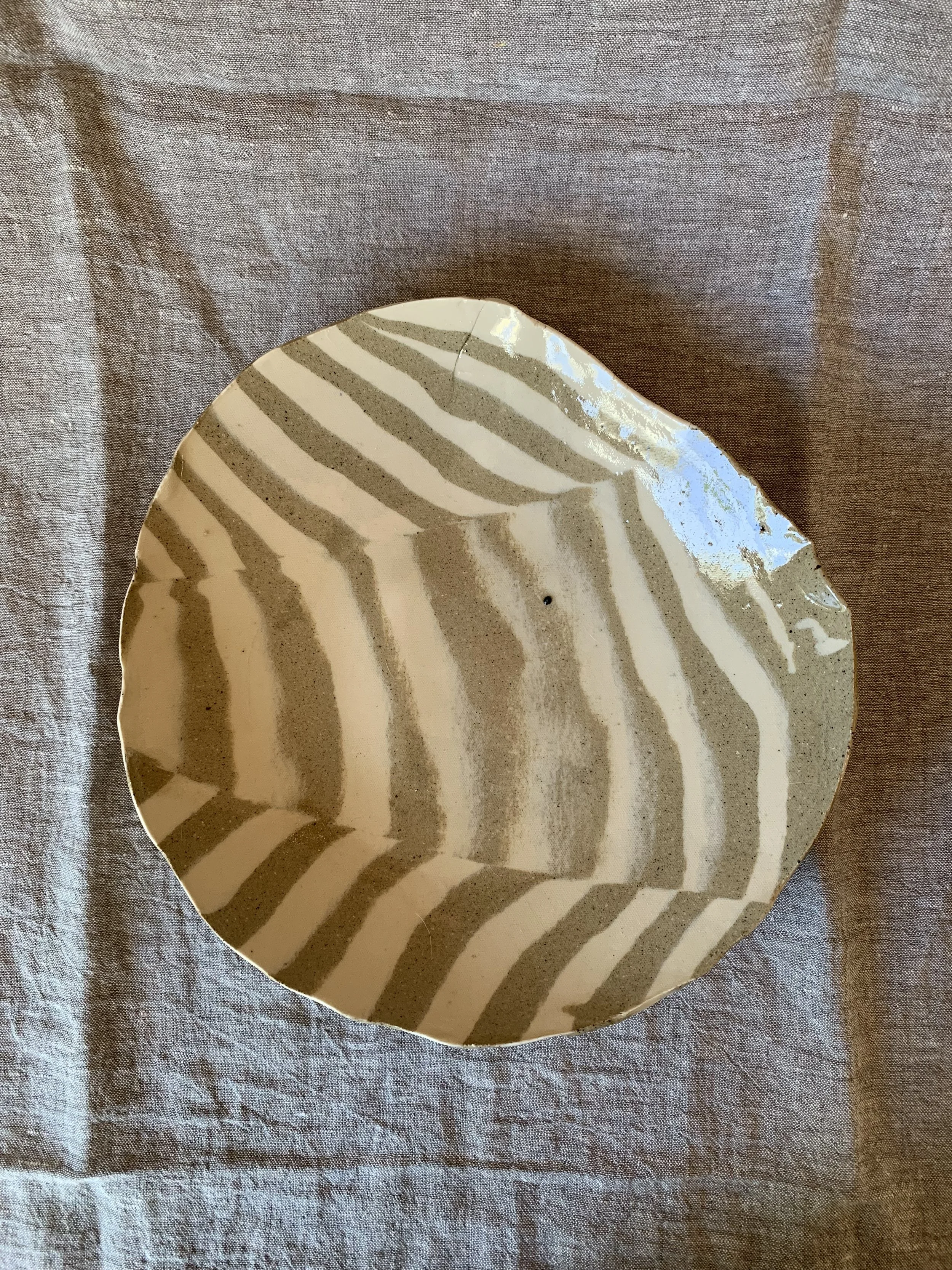 Striped Nerikomi serving dish, clear glazed stoneware