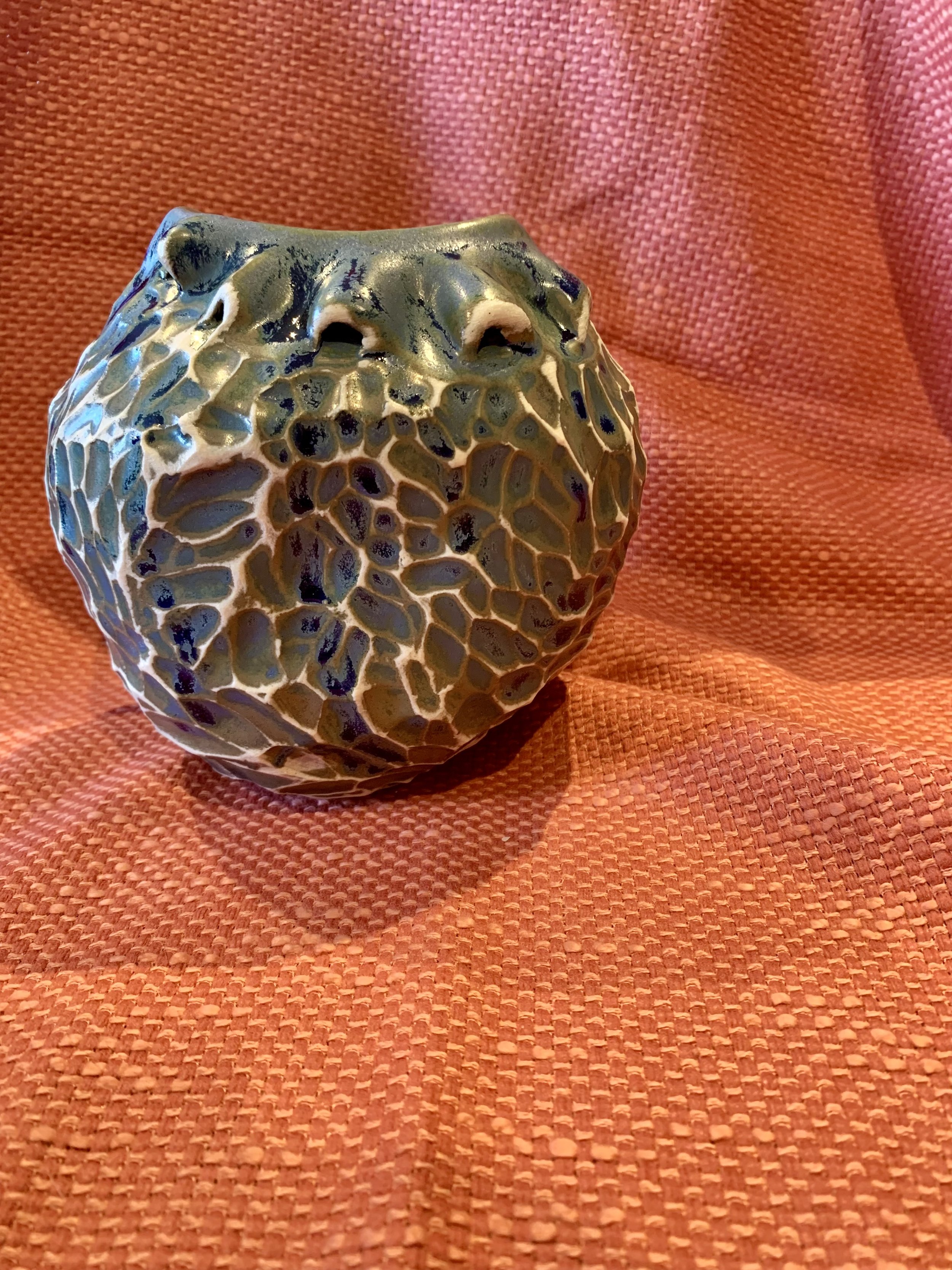 Frill necked and softly faceted thrown and altered vase, glazed stoneware