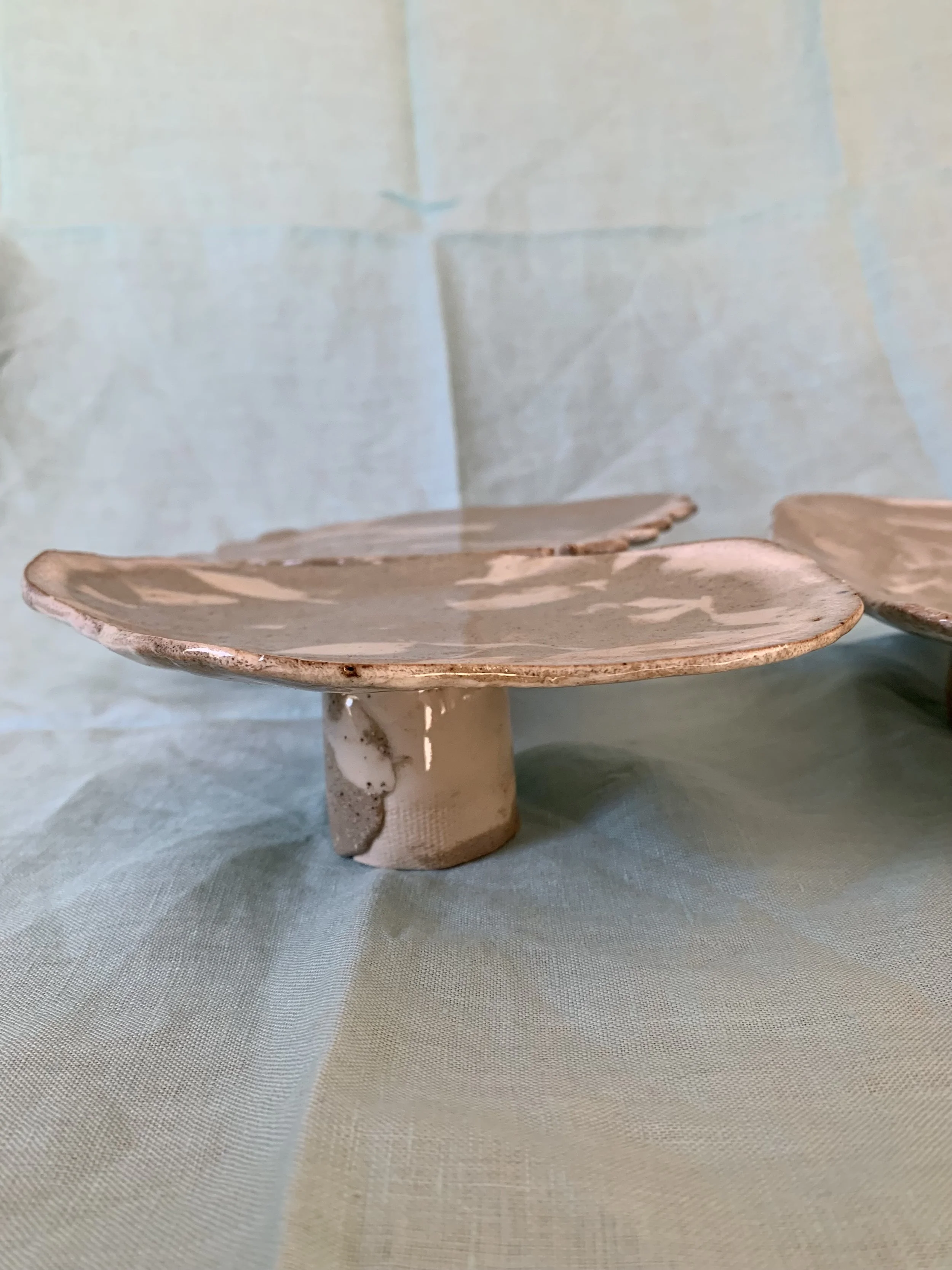 Medium stilted Nerikomi serving dish, clear glazed stoneware with slip