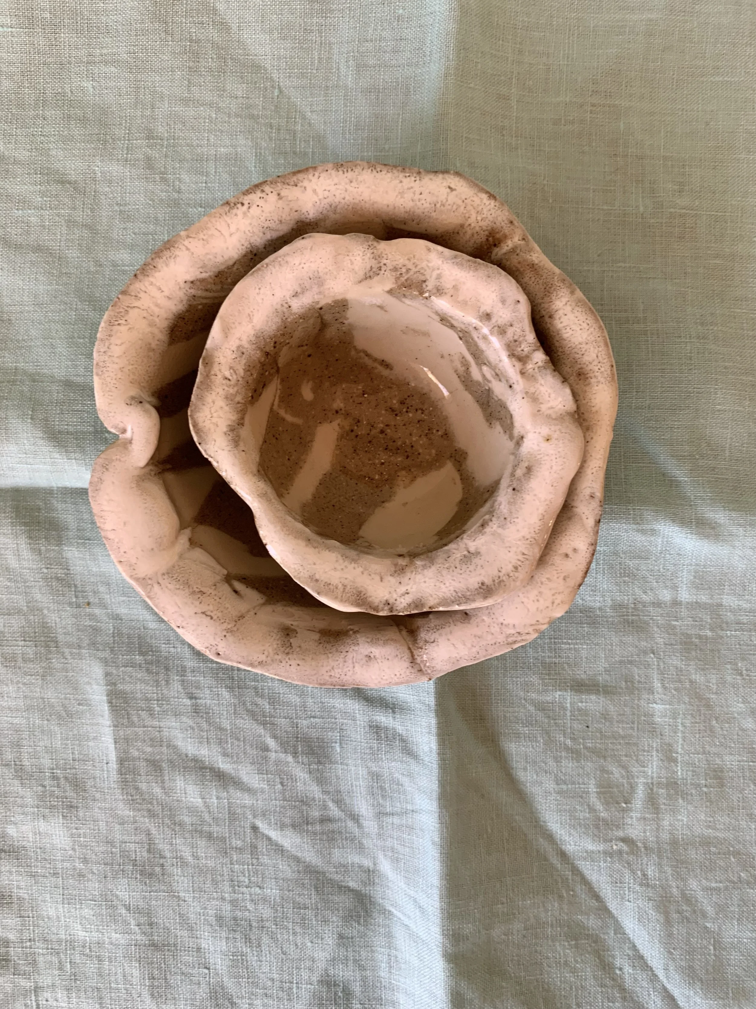 Small Nerikomi trinket dishes, clear glazed stoneware with slip edging