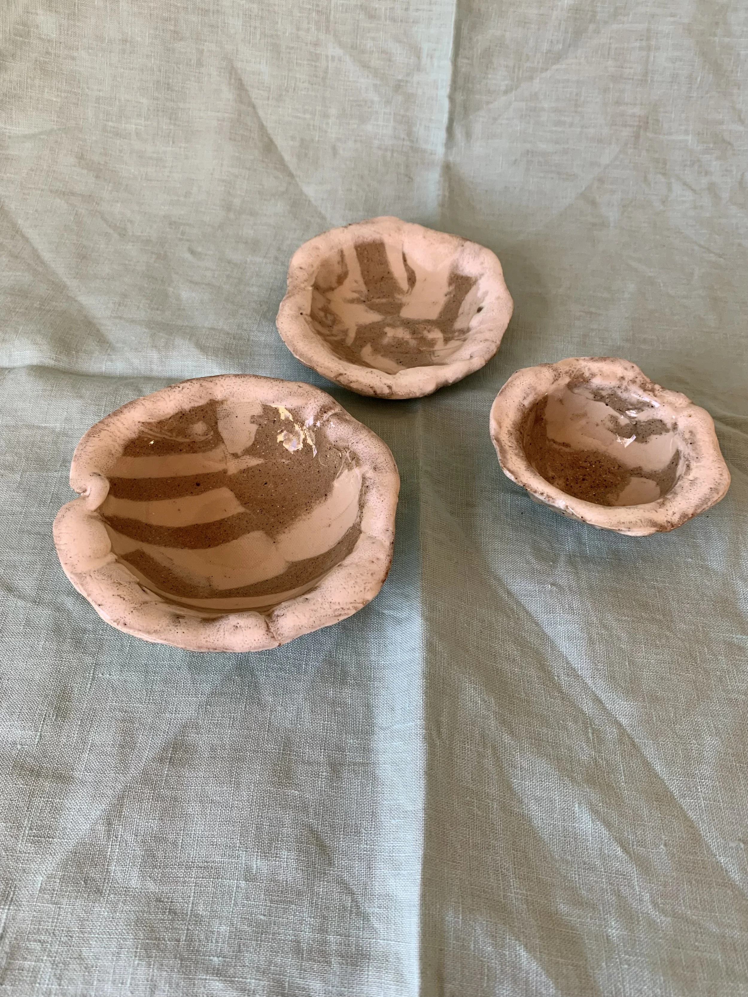 Small Nerikomi trinket dishes, clear glazed stoneware with slip edging