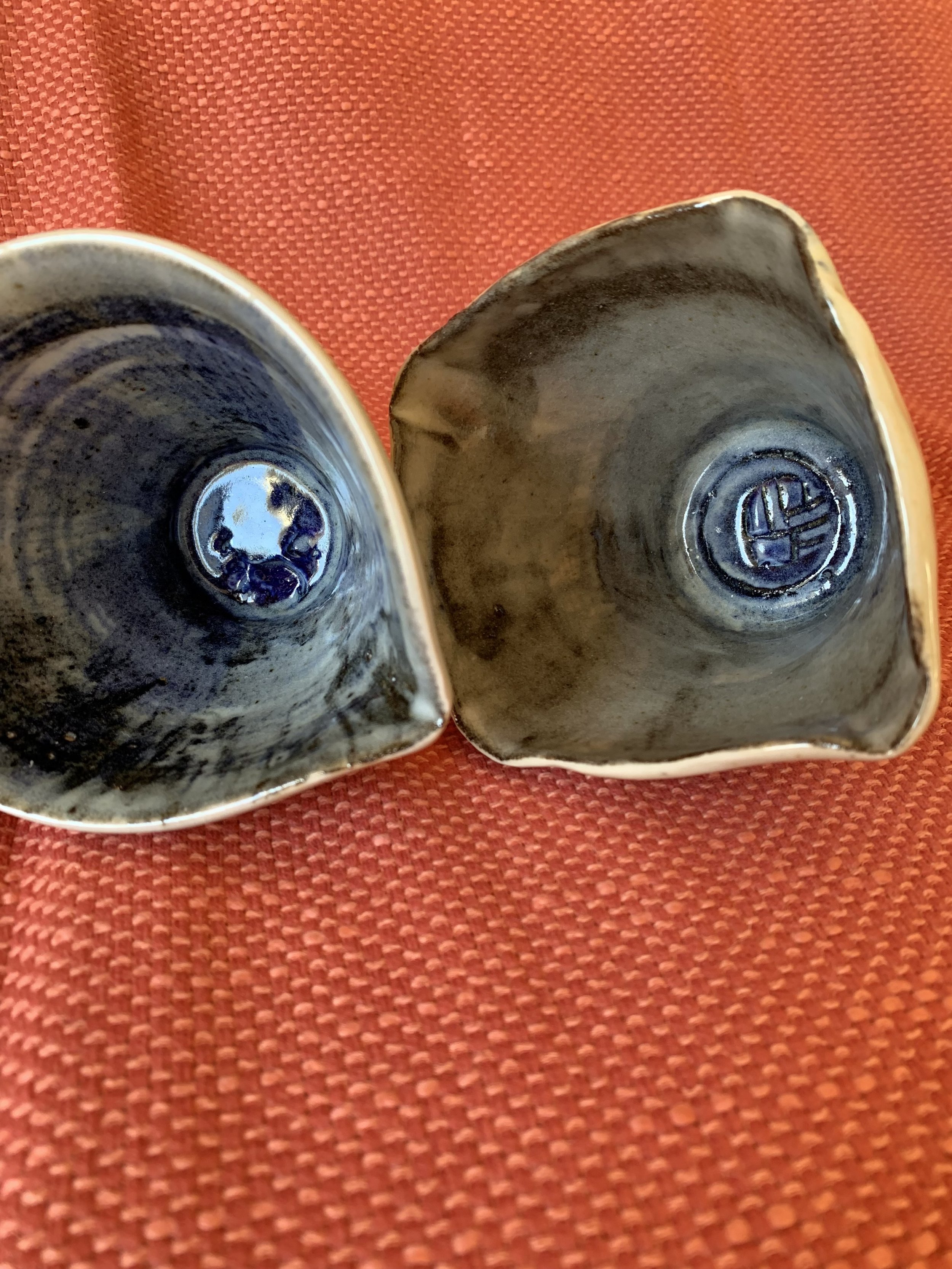 Pourer and squared cup, stoneware with slips, oxides, and glaze