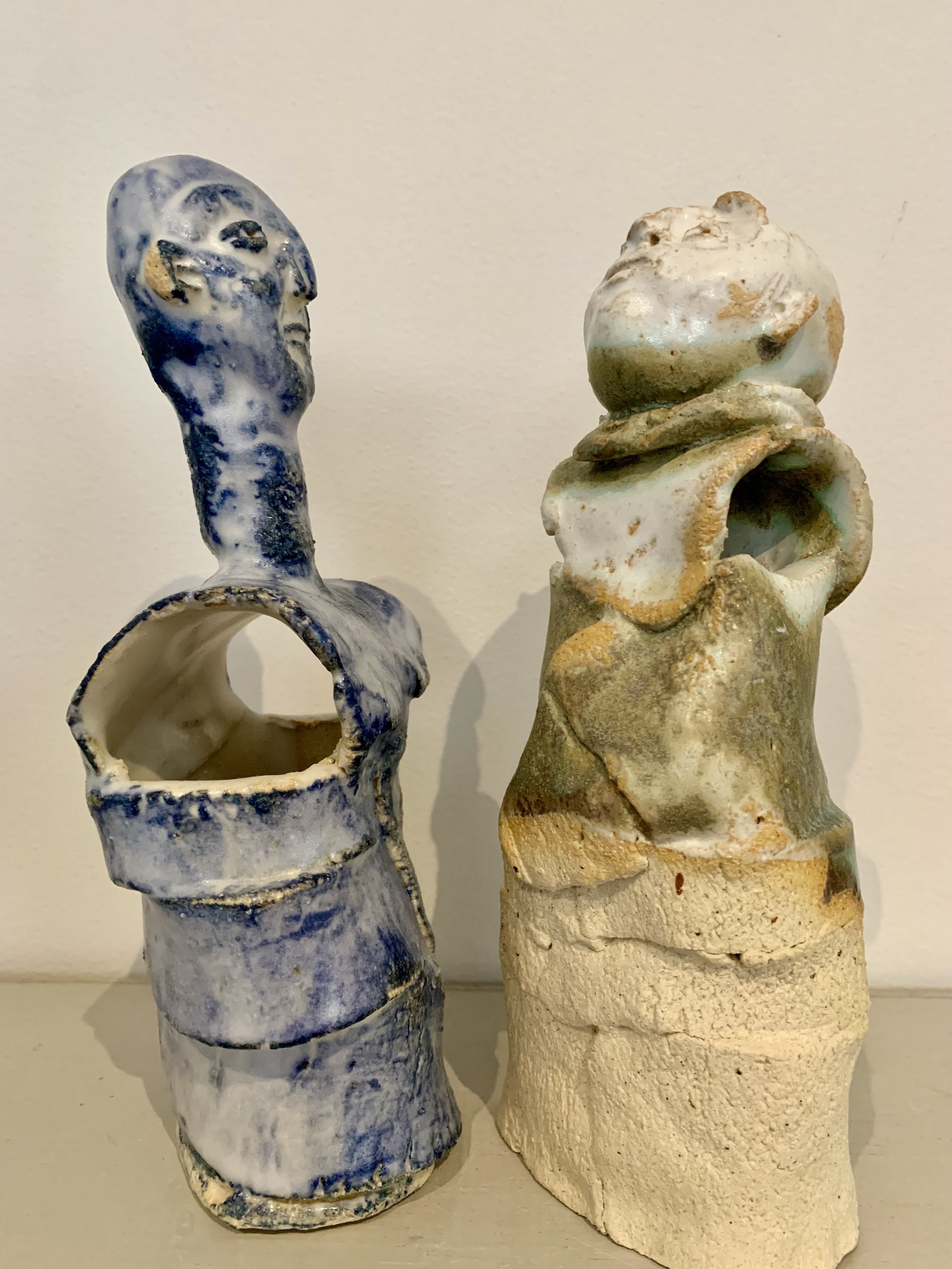Blue figure and Bronze figure, 2025, Raku clay, coloured slip, glaze