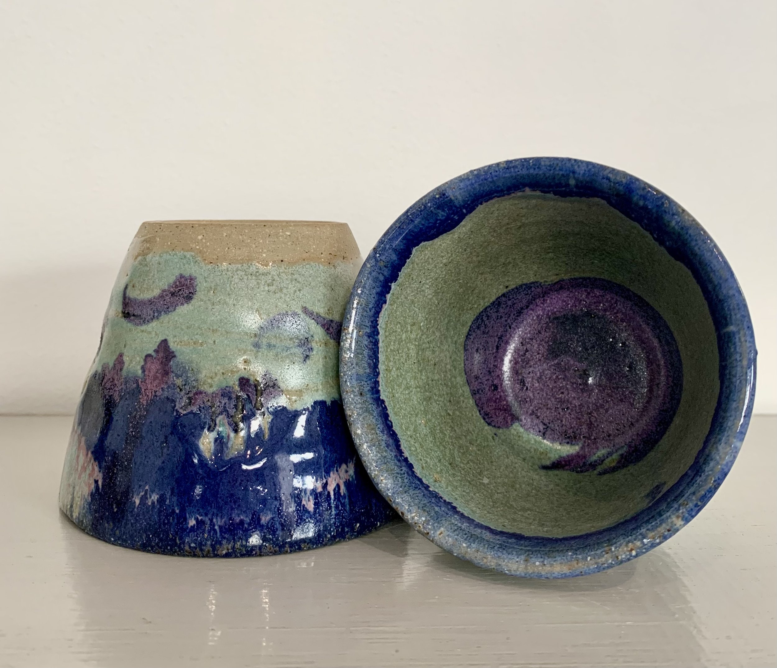 Pink and blue tumblers, glazed stoneware