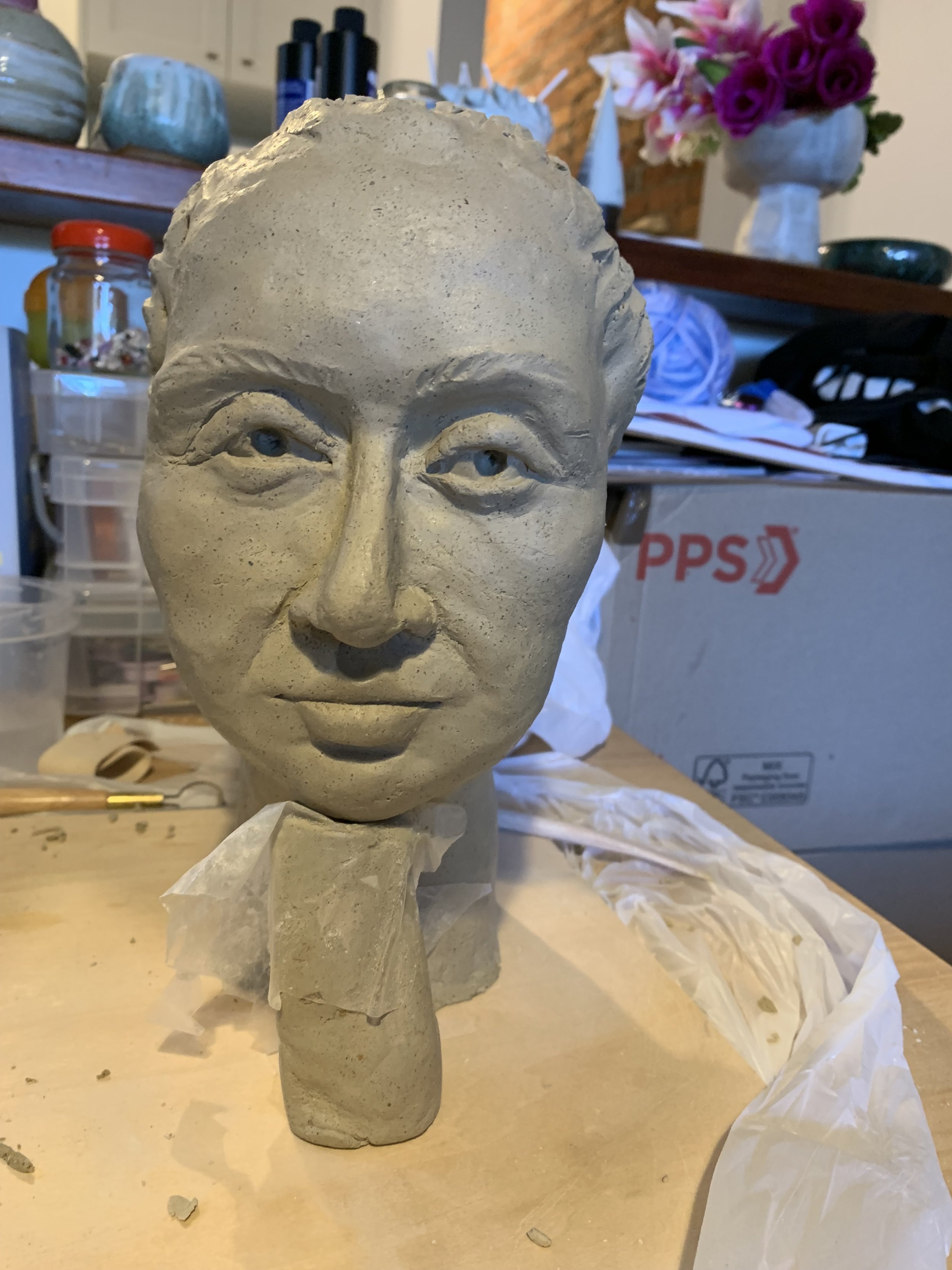 Bust in progress, 2024, Raku clay